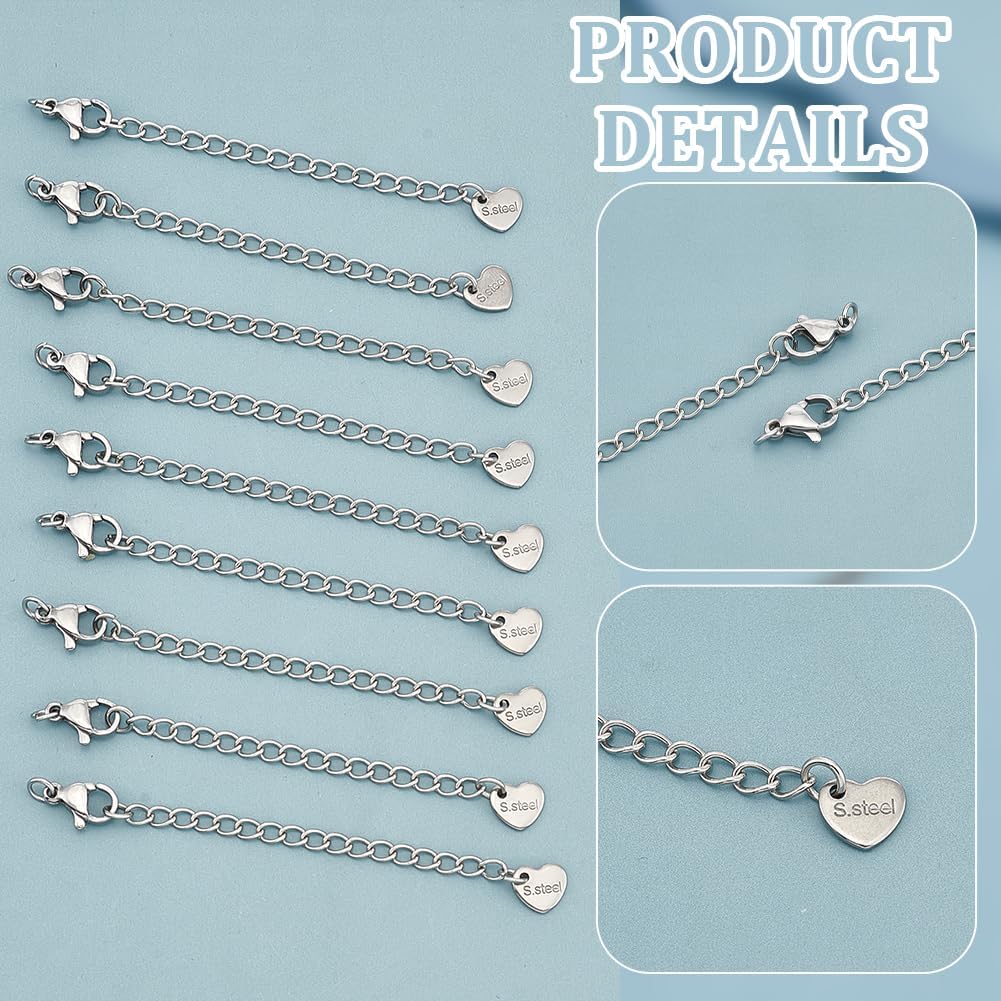 UNICRAFTALE 30Pcs 304 Stainless Steel Curb Chain Extender End Chains with Lobster Claw Clasps and Heart Chain Tabs 75mm Long Bracelet Necklace Extension Chains for DIY Jewelry Making - Image 5