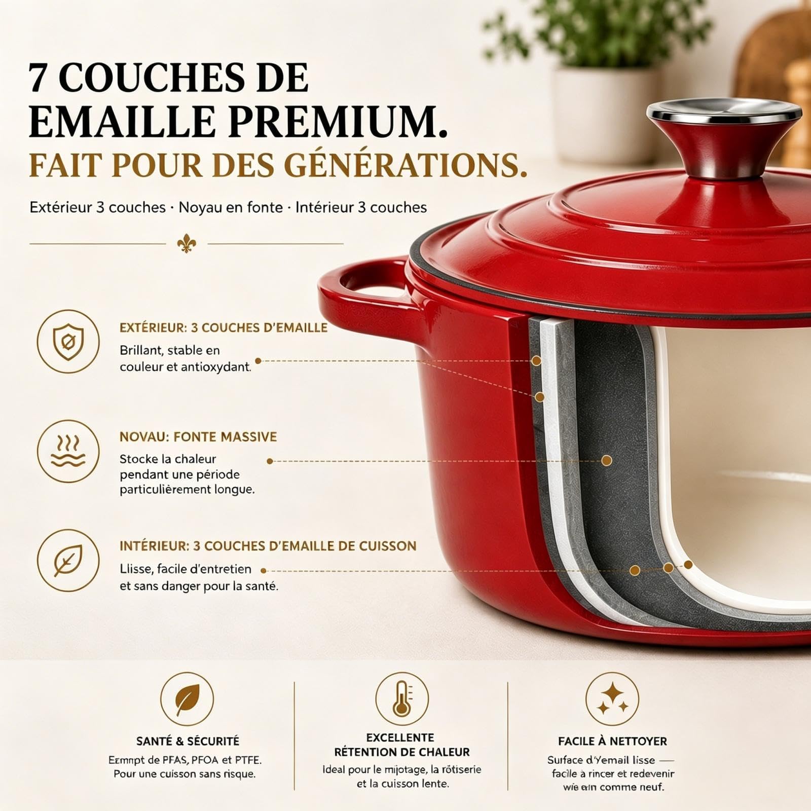 AHJ 4 Casseroles en Fonte Émaillée, Ensemble de cocottes avec poêle à Pain de 4,5 L, rôtissoire de 2,5 L, poêle à Griller de 1,2 L et Couvercle, antiadhésif, va au Four jusqu'à 260°C, Rouge
