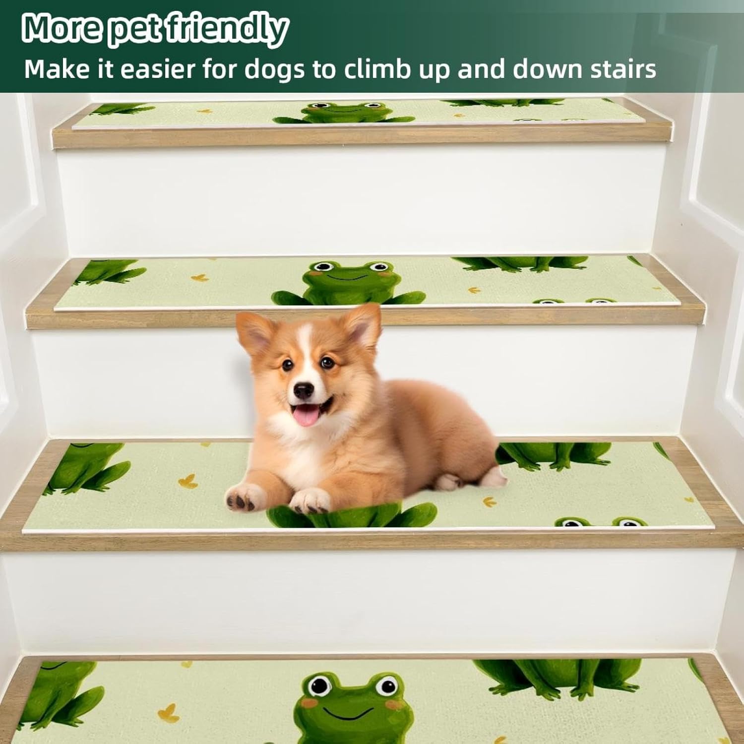 15 Pack Cute Frog Carpet Stair Treads for Wooden Steps Indoor, Slip Resistant Stair Rug Staircase Step Treads Pads for Pet, Kids and Elderly