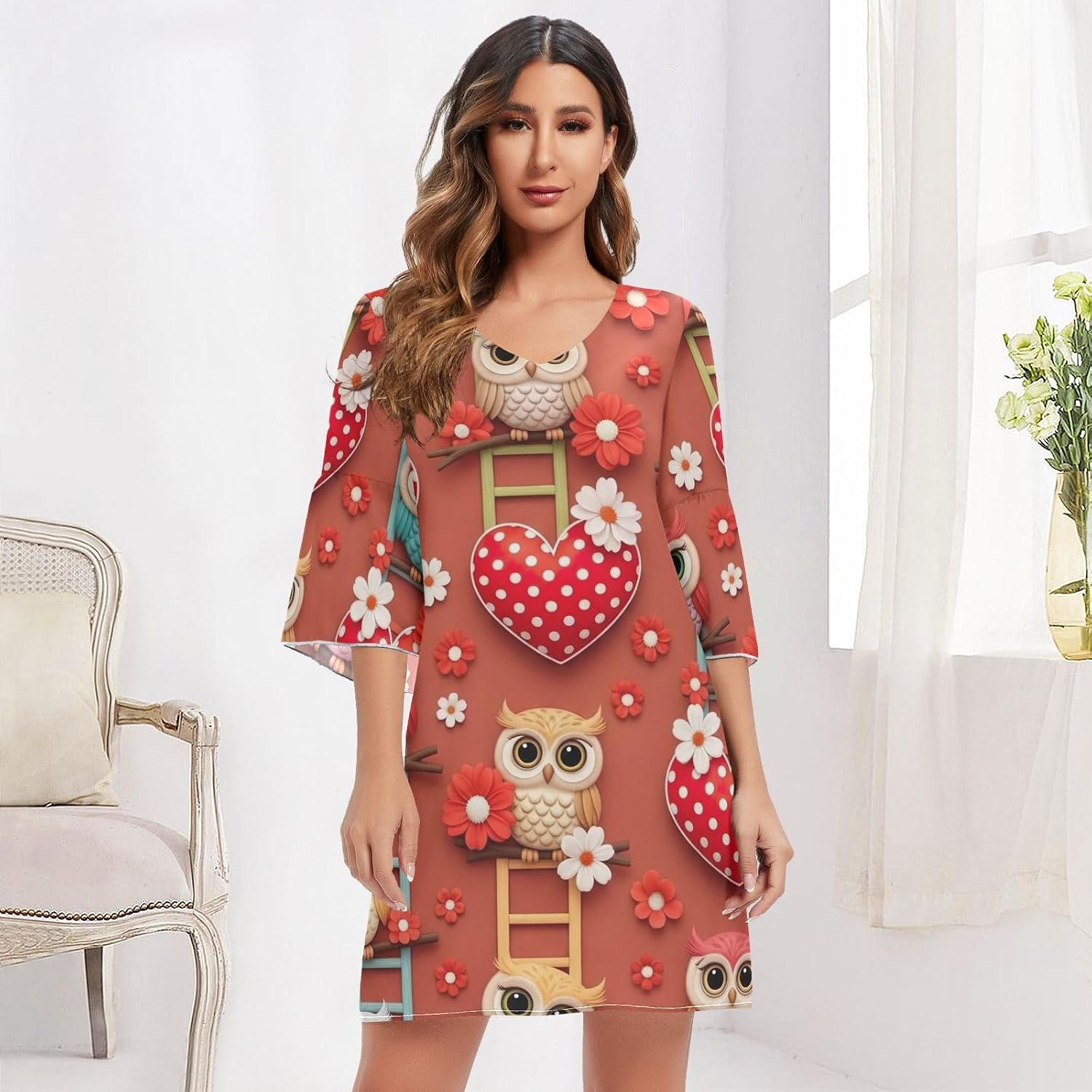 Colorful Owls Casual V Neck Dress Printed Line Maternity Dress