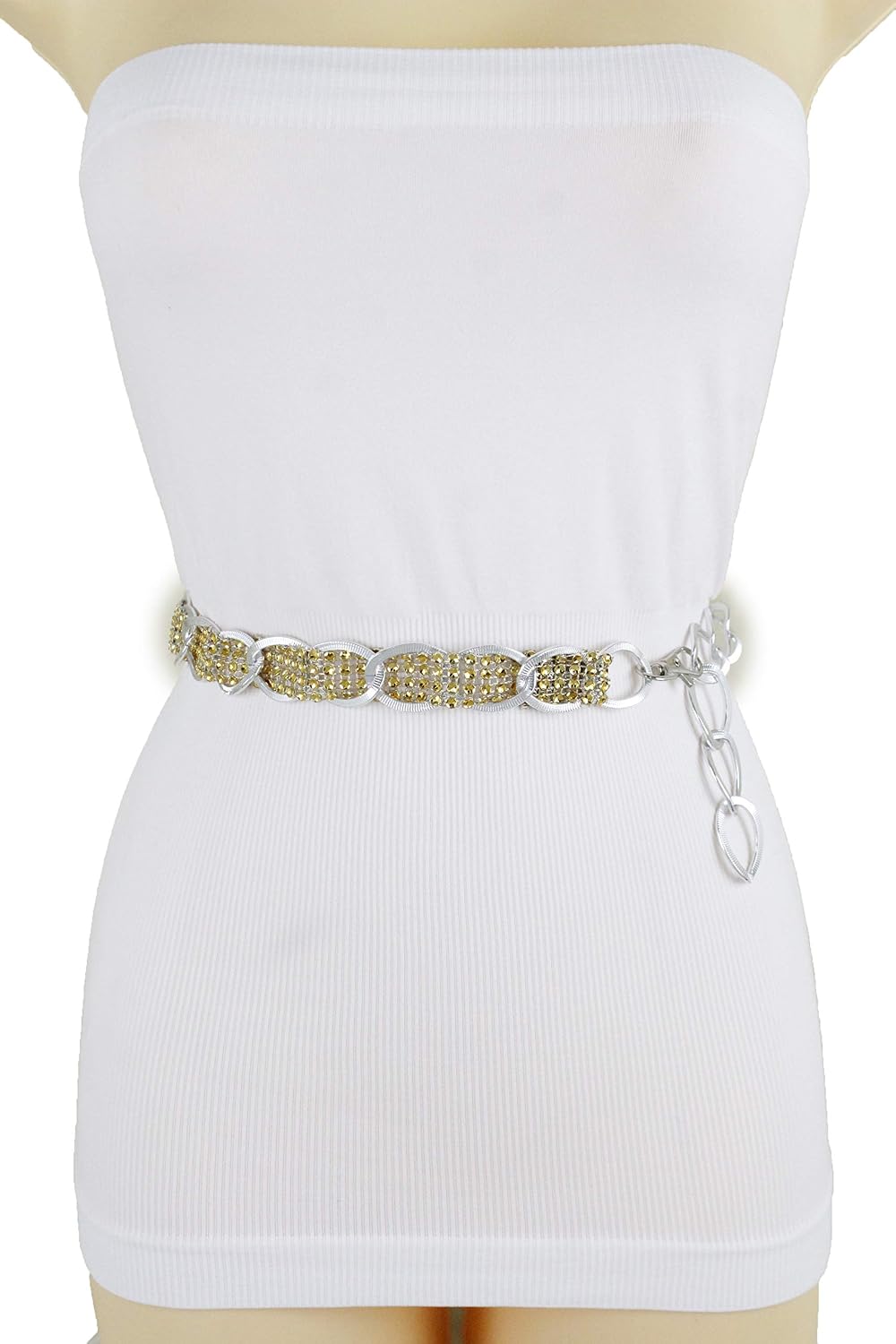 TFJ Women Fashion Belt Silver Metal Chain Links Hip Waist Gold Beads M L XL