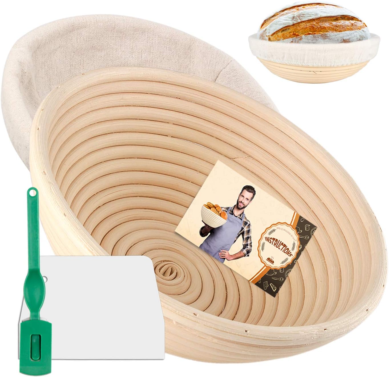Semlos Banneton Basket, 10" Bread Baskets, Sourdough Prooving Basket for Bread Making, Baking Baskets Round, Proofing Basket with Linen Liner Cloth, Dough Scraper