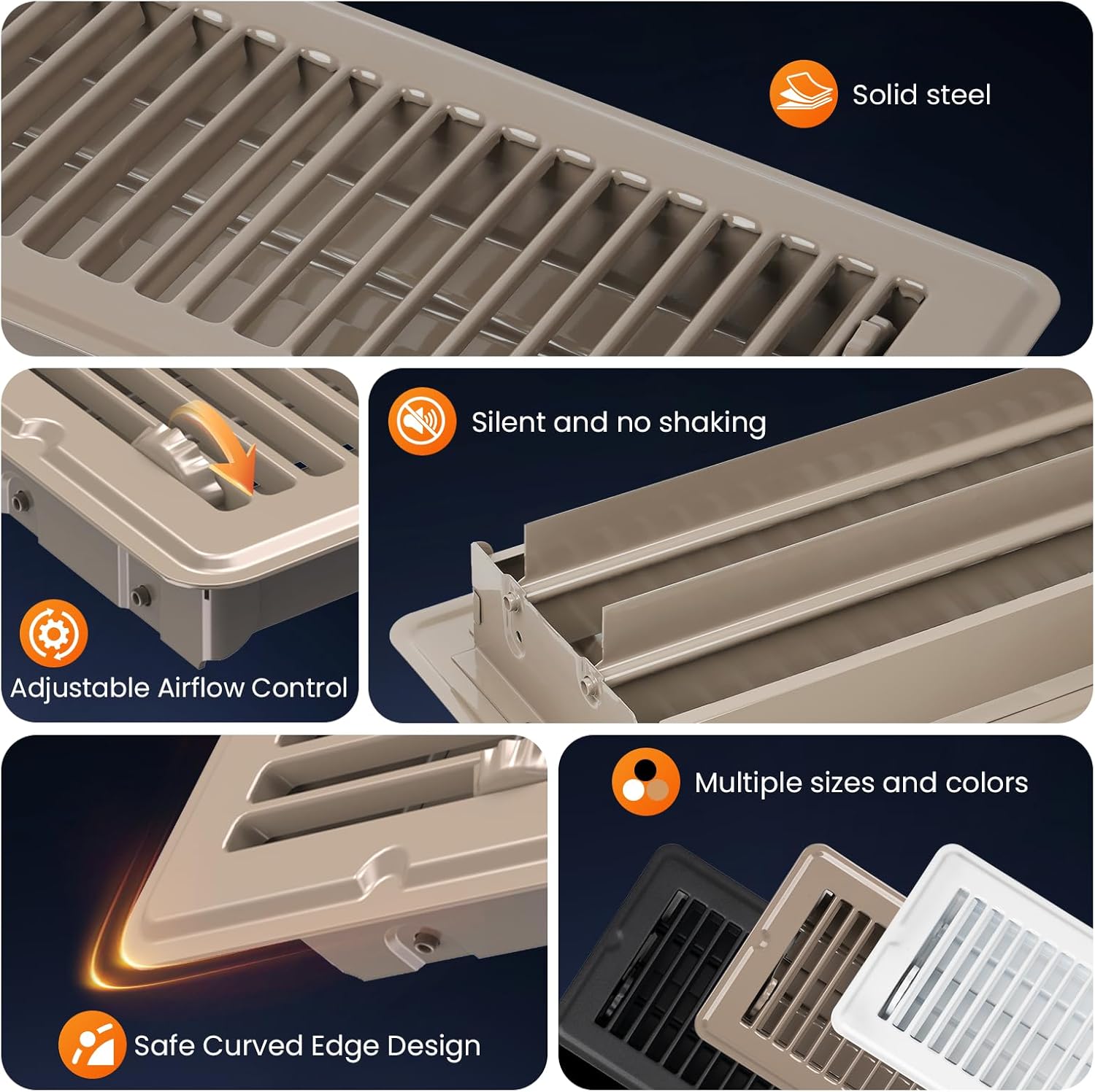 4x10 Floor Register, Floor Vent Covers for Home Floor, Heavy Duty Steel Walkable Floor Grates, Adjustable Air Vent Covers Rust Proof Finish, 4" x 10'' Floor Vent, Brown 6 Pack