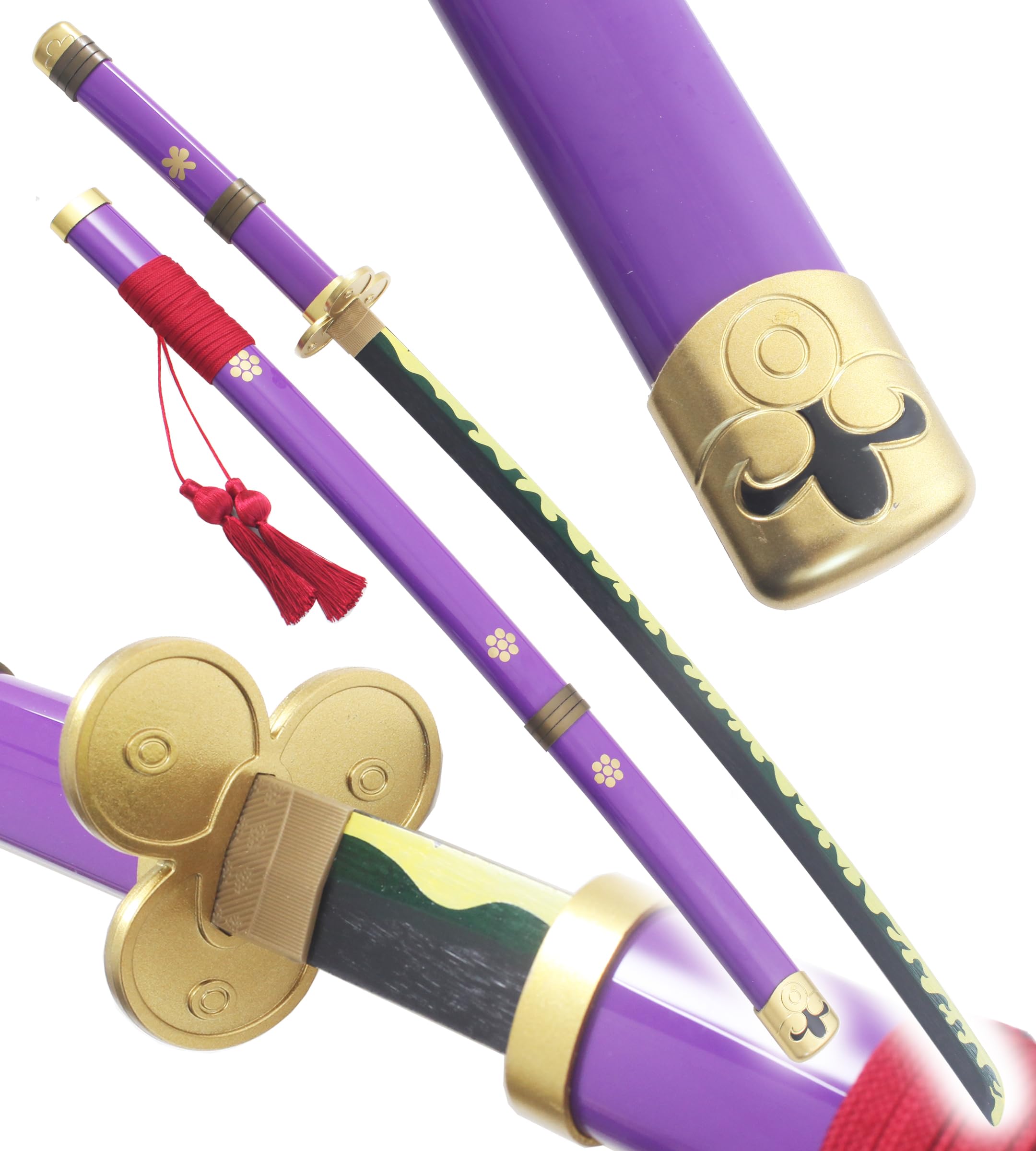 Pack 3 Katanas One Piece en Bois - Lame Zoro Sabre Epee Enma Wado Kitetsu - Cosplay Camping + Présentoir