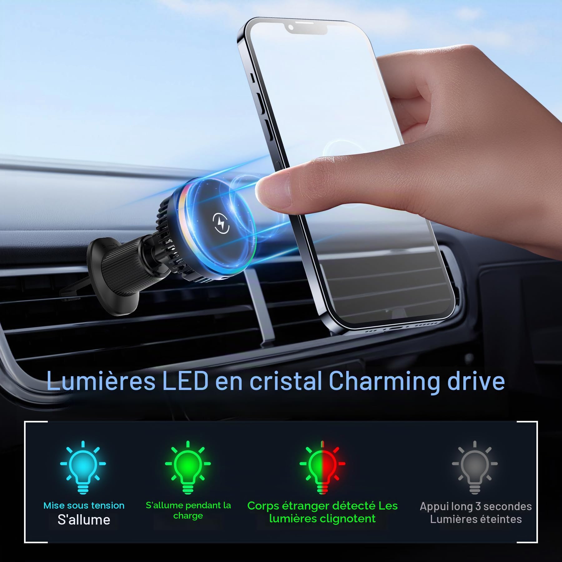 SERUW Support magnétique de chargeur de voiture sans fil 15 W, technologie de réfrigération semi-conductrice, support de téléphone pour grille d'aération et tableau de bord, compatible avec iPhone et