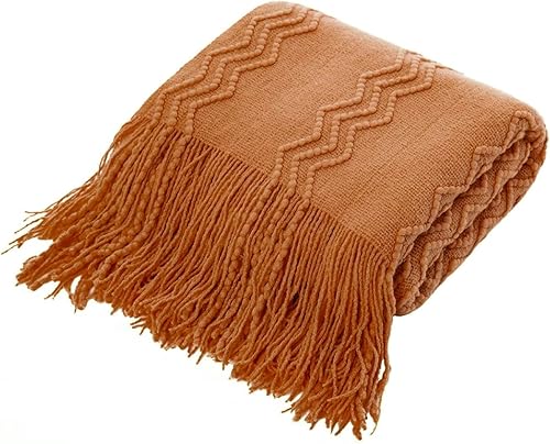 Tititex Manta decorativa, manta texturizada bohemia coral con borlas de flecos, manta ligera de punto suave y manta para sofá, cama, silla, sofá,