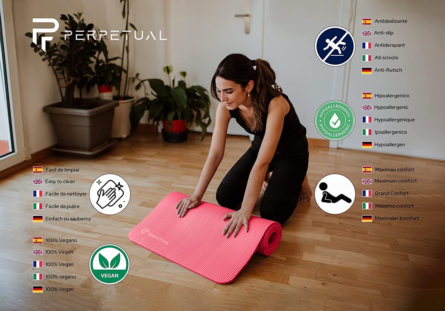 PERPETUAL Esterilla de Yoga y Pilates 10/15mm - Mat Antideslizante - Con Correa y Bolsa de Transporte - Colchoneta Gruesa y Plegable - Hombre/Mujer - Gimnasia, Fitness y Ejercicios - Gimnasio en Casa