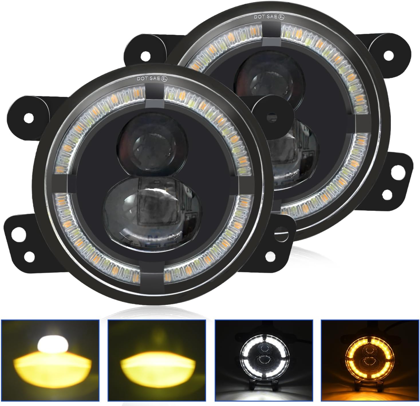 4 Inch LED Fog Lights for Jeep Wrangler JK Rubicon Unlimited JKU 2007-2018, DIY Off Road Fog Lights, 60W Driving Offroad 4" Round Fog Lamps w/High and Low Beam & DRL & Amber Turn Signal Lights