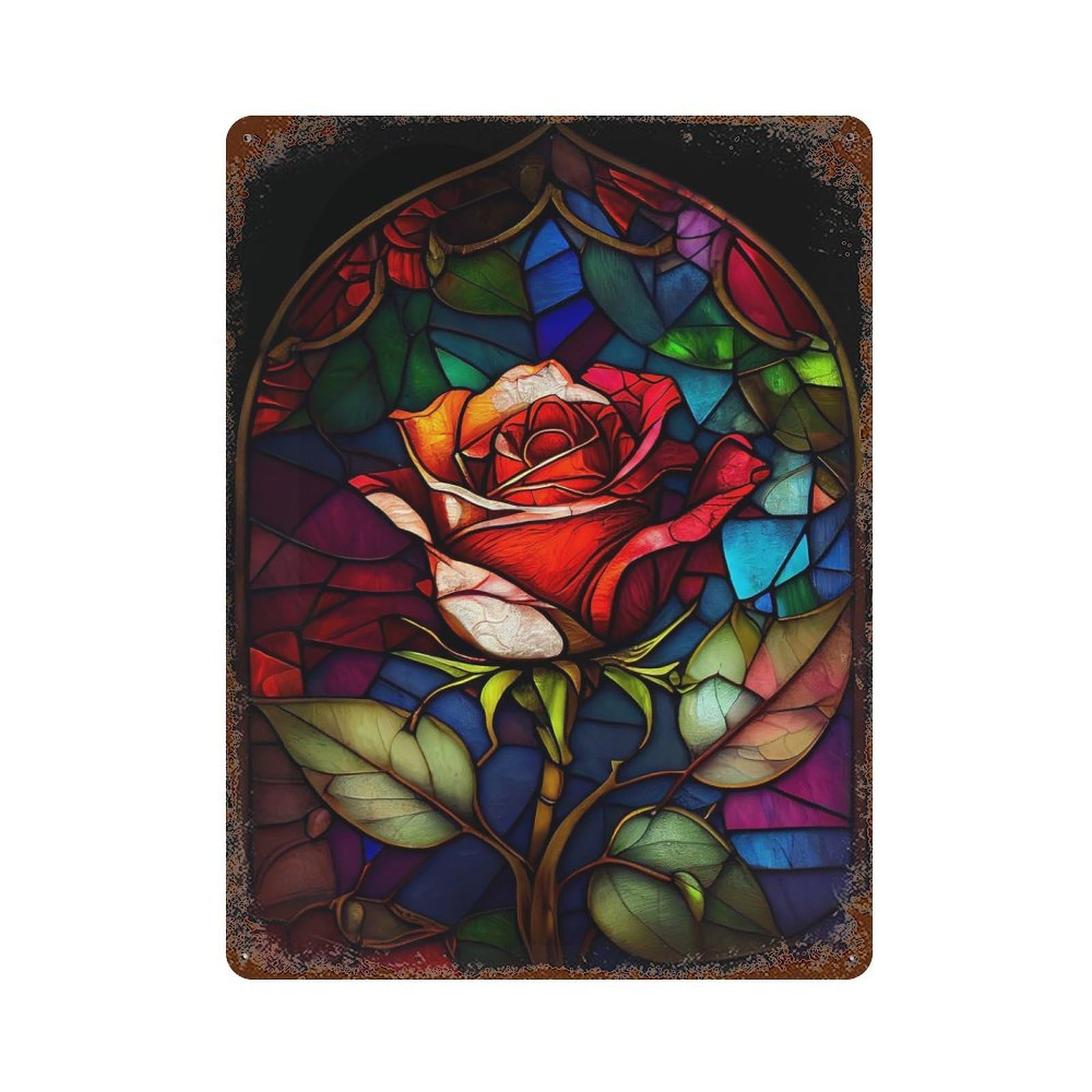 Stained Glass Rose Decorative Tin Sign 15.7"x11.8", Farmhouse Wall Decor for Living Room, Hallway And Home Decor