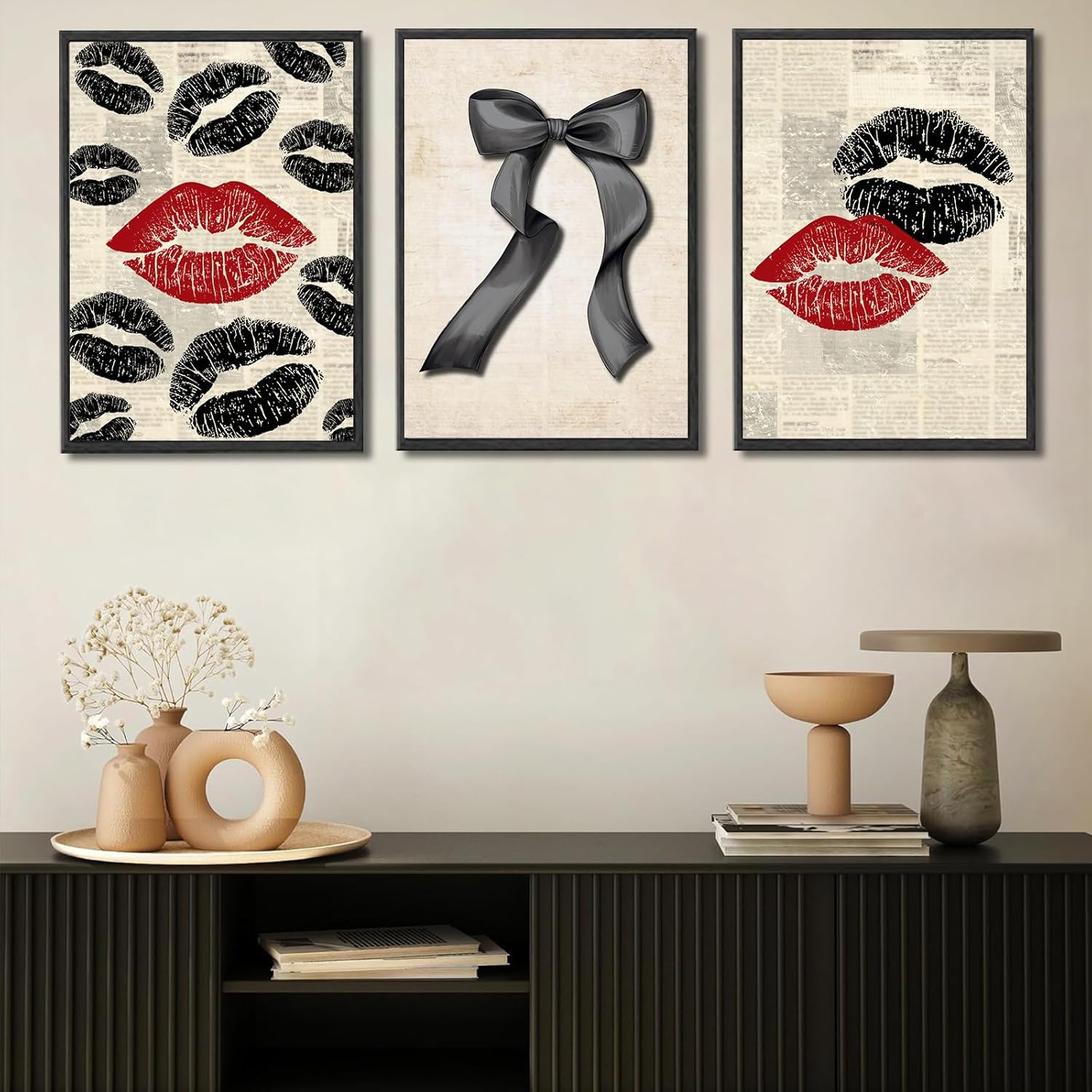 3Pcs Vintage Funky Red Kiss Lip Wall Art Black Bow Wall Decor Picture Trendy Preppy Aesthetic Canvas Posters Prints for Girl Room Dorm Apartment Bedroom Decorations,Unframed 16x24in