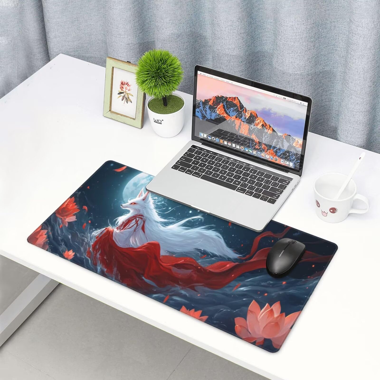 Podkładka pod mysz XXL lis mata na biurko księżyc 1600 x 800 x 3 mm zmywalna podkładka do gier na laptopa, z antypoślizgową gumową podkładką dla graczy, PC, pracowników biurowych Y927