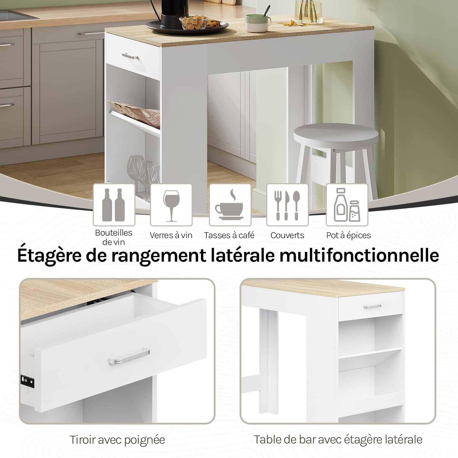 WOLTU Table de Bar, Table Haute Cuisine, 1 Tiroir et 3 Compartiments Ouverts pour Rangement Latéral, en Bois d'Ingénierie (avec Planches en Bois, Chêne Clair + Blanc, 100 x 50 x 100 cm)