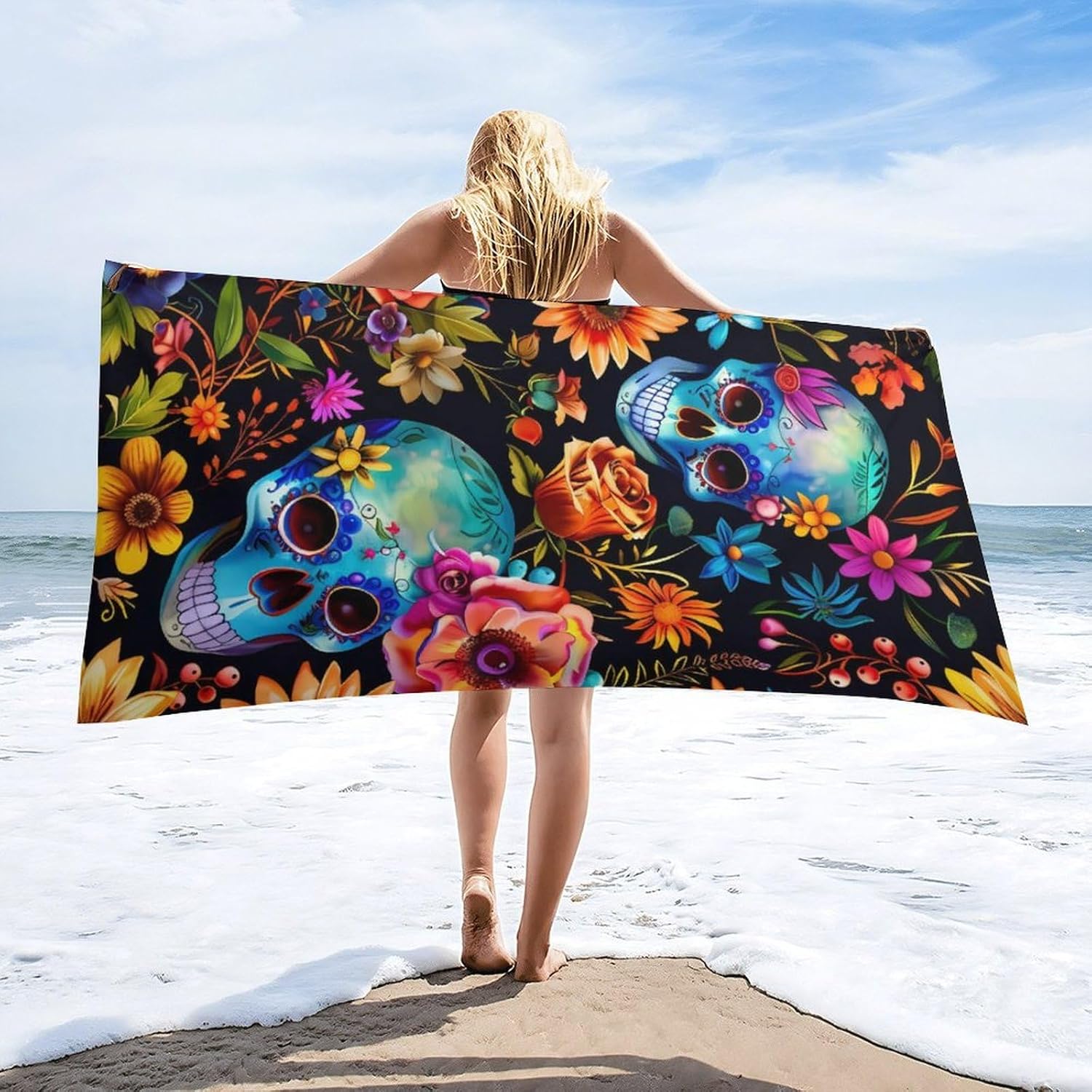 Skull and Flowers Day of The Dead Bath Towel Beach Towels Quick Dry Oversized Bath Blanket Highly Absorbent Towel for Women Men 160x80cm