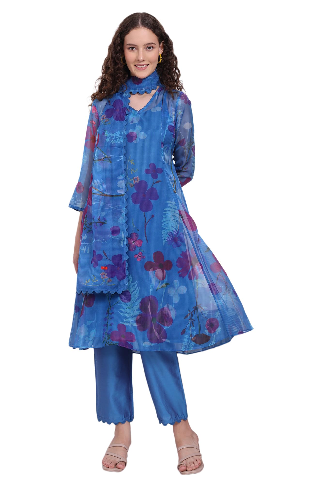 w for woman Blue Floral Printed Organza Flared Kurta, Pants and Dupatta Set-picture-27
