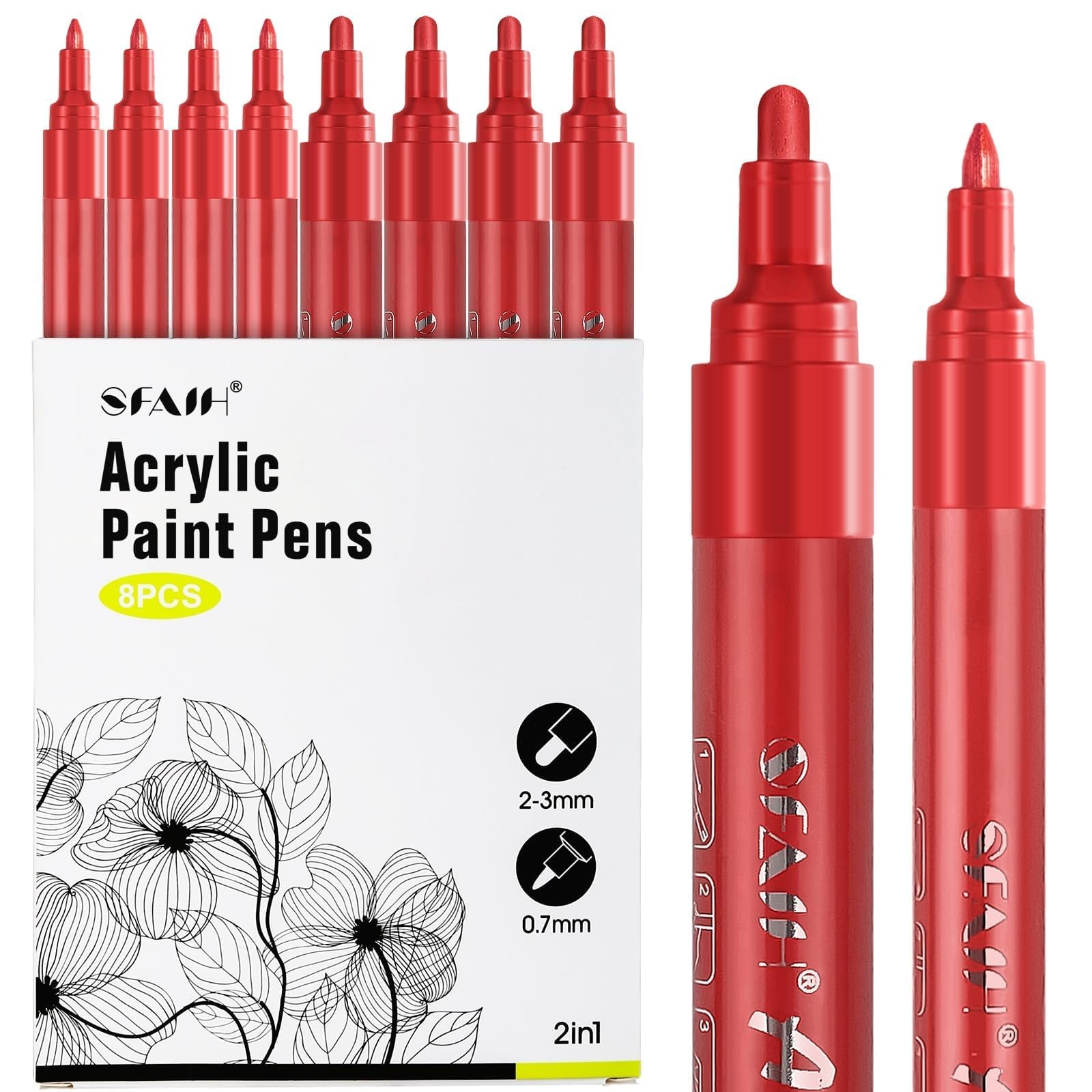 SFAIH Acrylic Red Paint Pens - 8 Pack 2-3MM Medium Tip & 0.7MM Extra Fine White Paint Marker for Rock Painting, Wood, Metal, Fabric, Canvas, Glass, Ceramic, Diy Crafts
