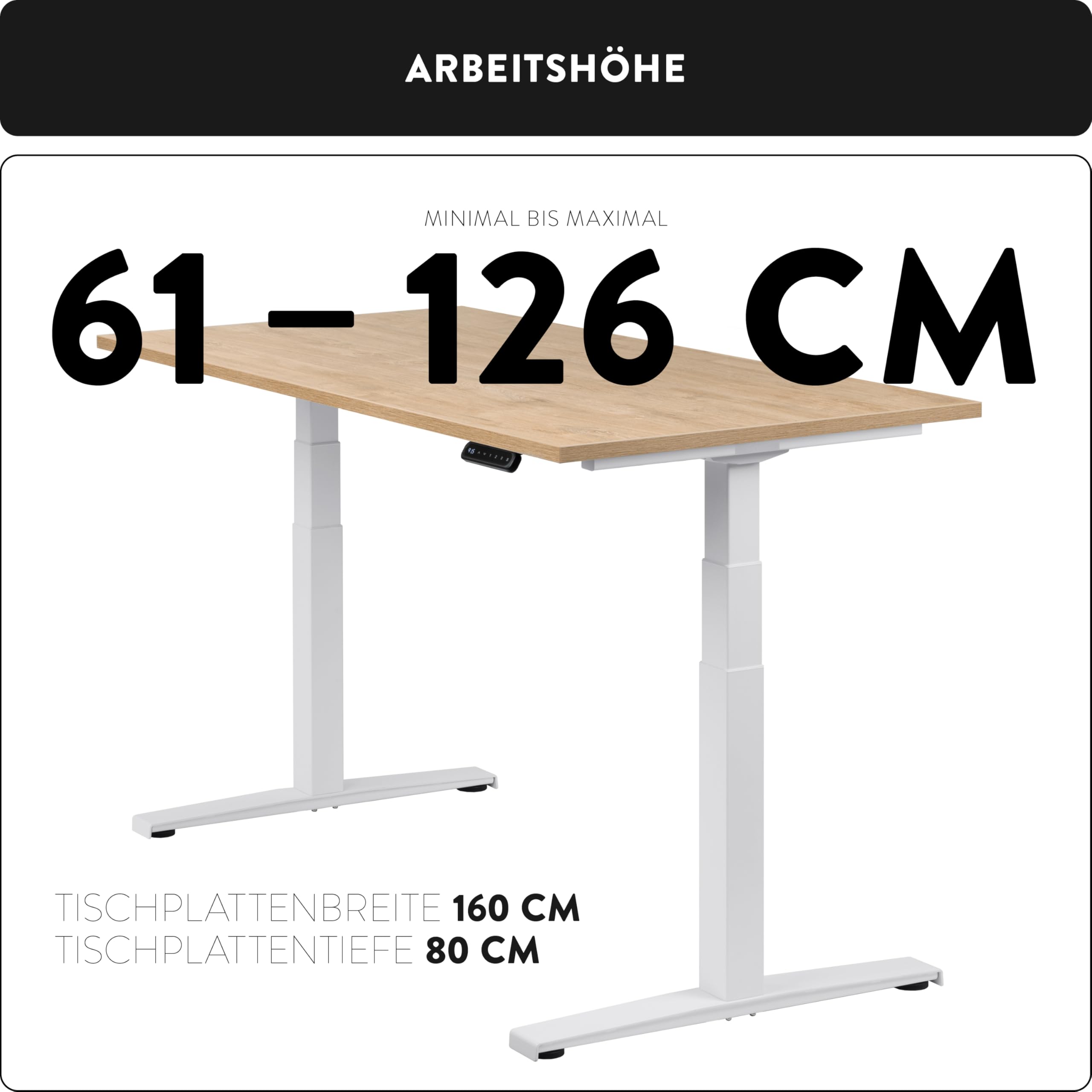 boho office® Basic Line Schreibitsch elektisch höhenverstellbar | Basic Line - Tischgestell Weiß, Tischplatte 160x80 Wildeiche - ultraschnelle 80 mm/Sek, Memoryfunktion, Kollisionsschutz