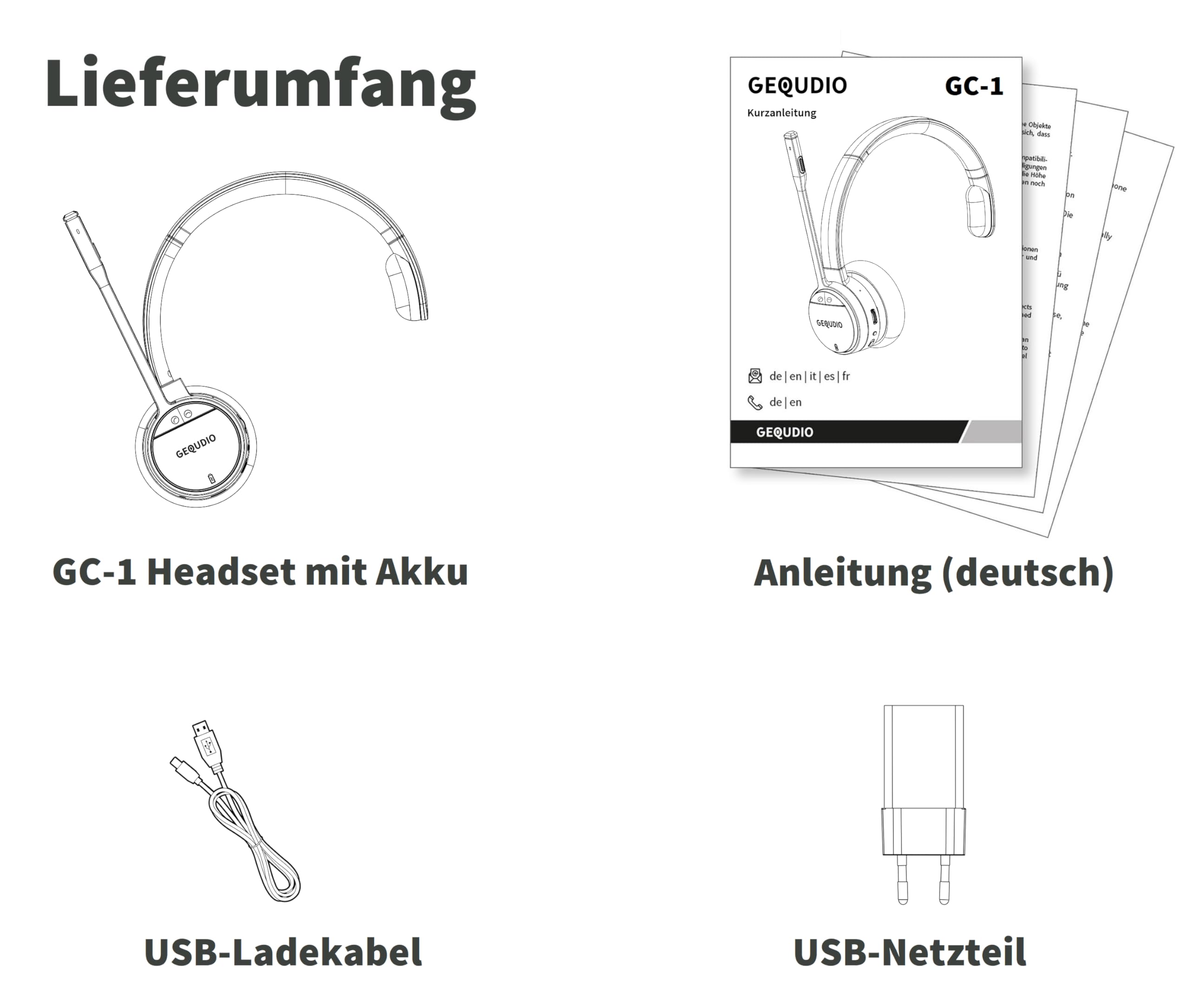 GEQUDIO GC-1 DECT & Bluetooth Headset für AVM FritzBox - Kabellose Anrufsteuerung am FritzFon - Mono Kopfhörer für PC & Smartphone - HD Audio, Schwarz/Grau