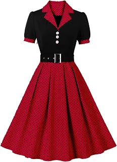 女性ヴィンテージドレスカクテルパーティースイング衣装 1950 年代ポルカドットドレスカジュアル A ラインワークドレスベルト付き ワンピース レディース 冬 ミニ プライム