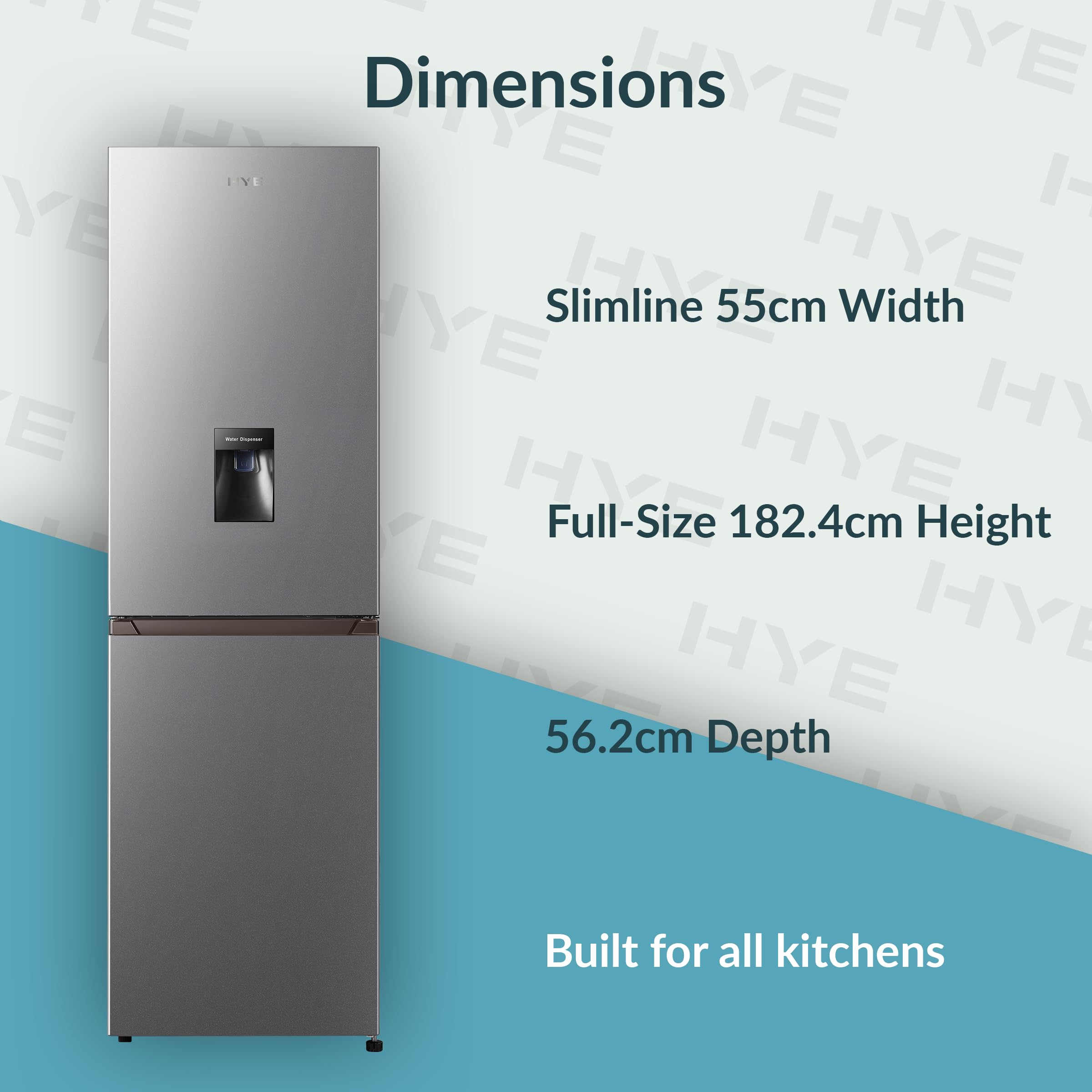 HYE Fridge Freezer - 50/50 Freestanding Fridge Freezer, 182.4cm Height, 55cm Width, 256 Litre Capacity, Total No Frost & Non-Plumbed Water Dispenser, Silver - RF01FF256S18 — view 3