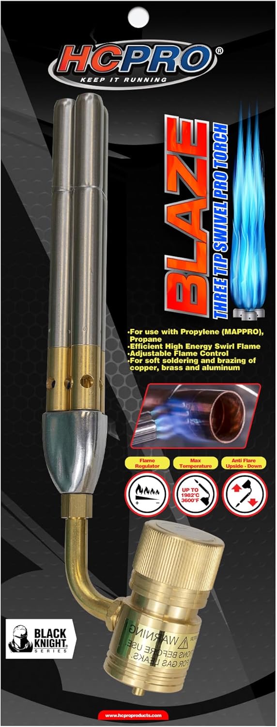 HCPRO BLAZE HCBZT3 Triple Flame Swivel Pro Hand Torch Compatible with Propane/Mapp Gas, 3 Tip Burner Torch Head Swivel 360°, For Soft Soldering and Brazing Copper, Brass, Steel, Bronze, Aluminum