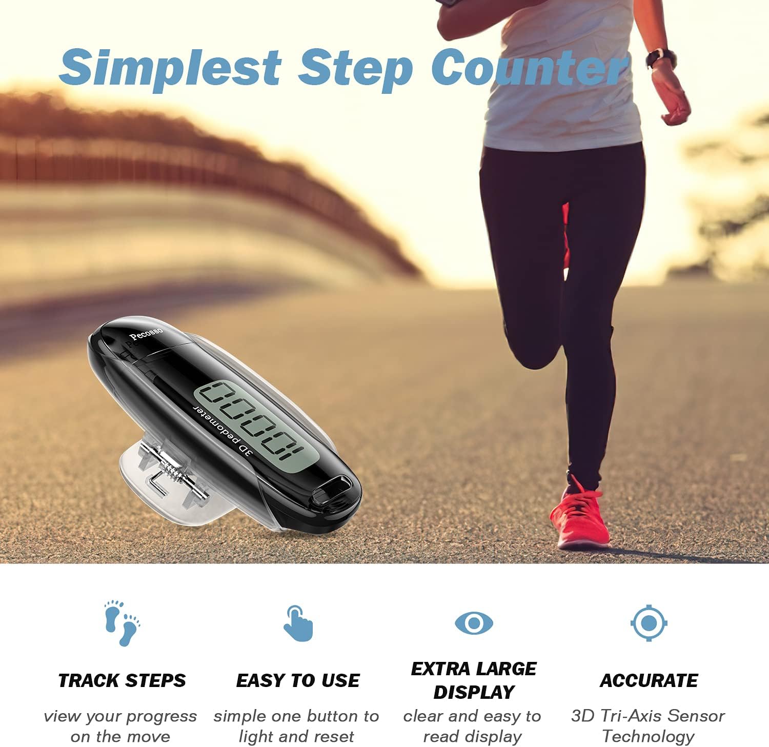 Pecosso USB Charge Step Counter Walking 3D Pedometer with Large Luminous LCD Screen,Clip and Lanyard for Whole Family (Black) : Sports & Outdoors