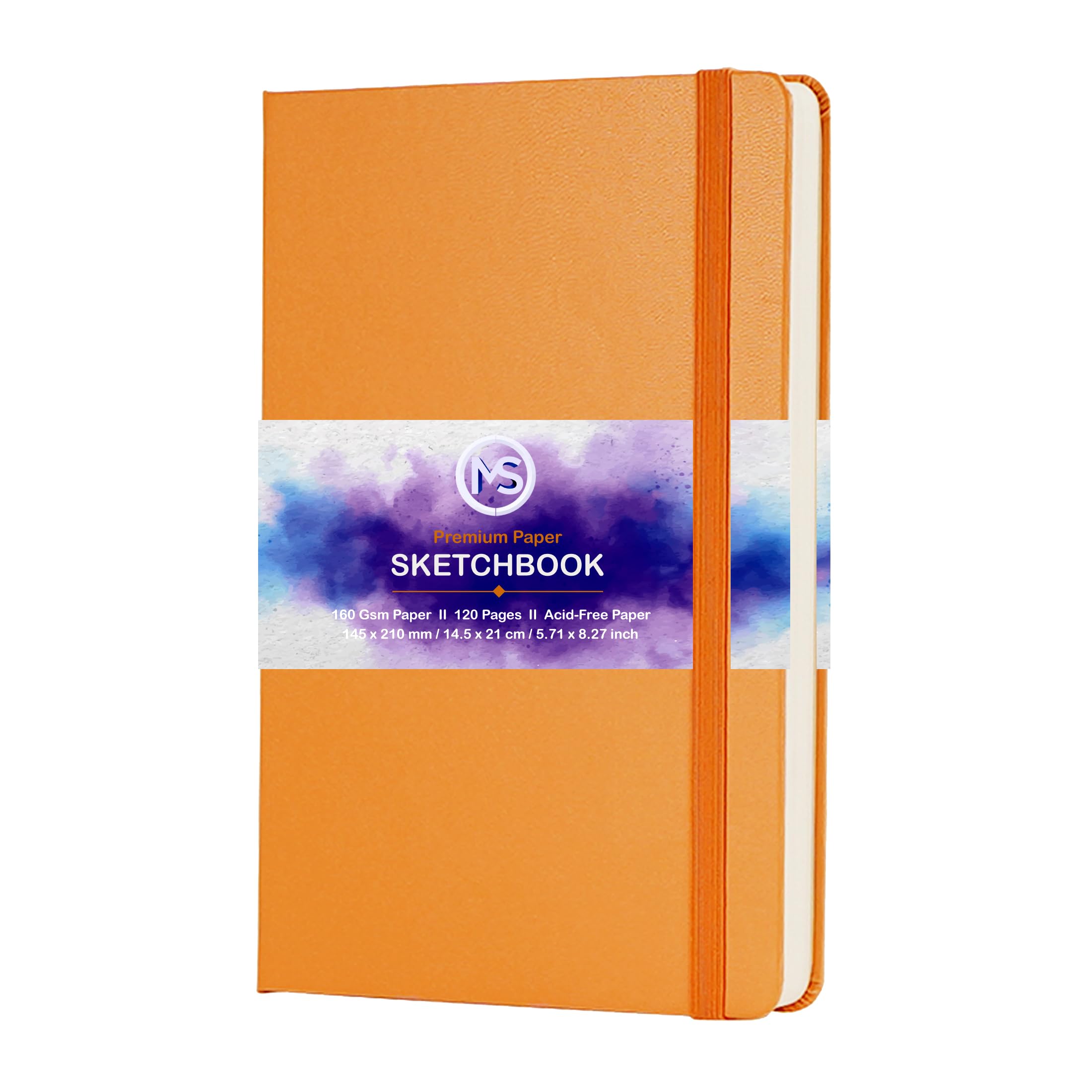 Sketchbook Journal Acid-Free 160gsm Paper 120 Pages (60 Sheets) Sewn Binding 5.8" X 8.3" A5 Leatherette Cover Watercolour Sketch Book for Artists Mixed Media Use (Orange)