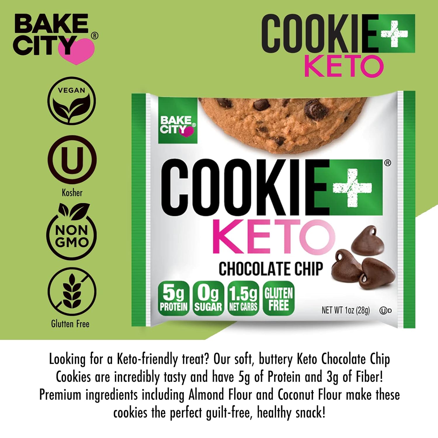 Bake City Cookie Plus Keto | 1oz Chocolate Chip Cookies (12 pack), Gluten Free, 0g Sugar, Only 1.5g Net Carbs, Good Fats, 5g Protein, Kosher, No Artificial Flavors
