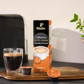 Tchibo Cafissimo Caffè Crema tam dolu kahve kapsülü, 10 adet (kahve, dengeli ve dolu), sürdürülebilir ve adil işlem görmüş