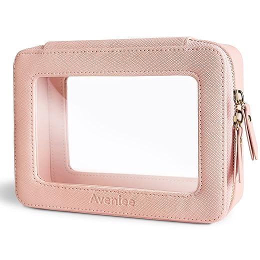 Aveniee Clear Makeup Bag Organizer, Portable Travel Toiletry Cosmetic Bag Case for Women, Heavy Duty Vegan Leather Make Up Pouch with Transparent Vinyl Windows & Gold Zippers(Pink)
