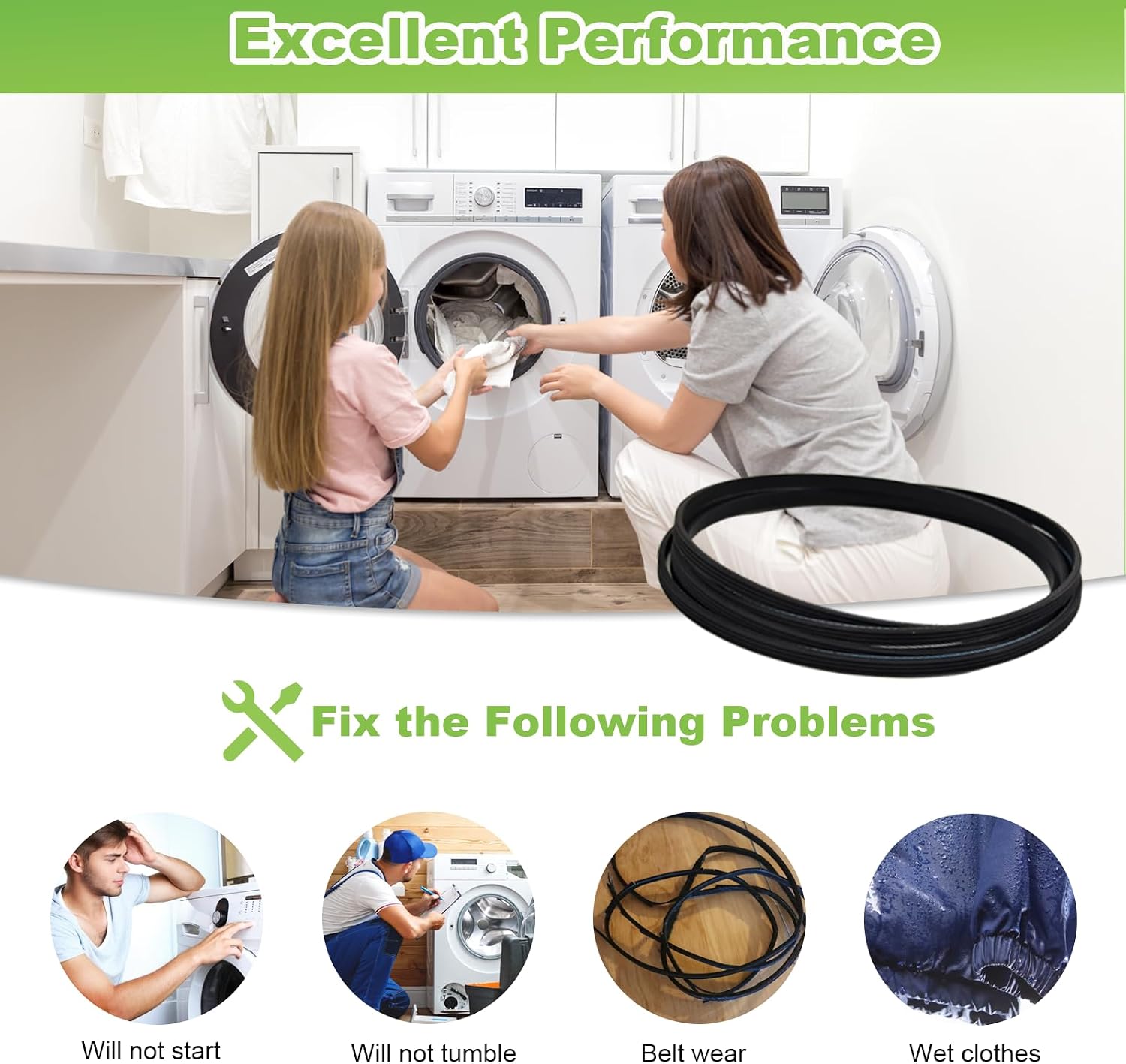 Dryer Belt Compatible with Whirlpool Kenmore WED4815EW1 WED5000DW2 WED4800BQ1 LER4634JQ0 LER4634JQ1 WED4950HW0 WED49STBW1 WED5300SQ Dryer Drum Replacement Belt, 2 Pack