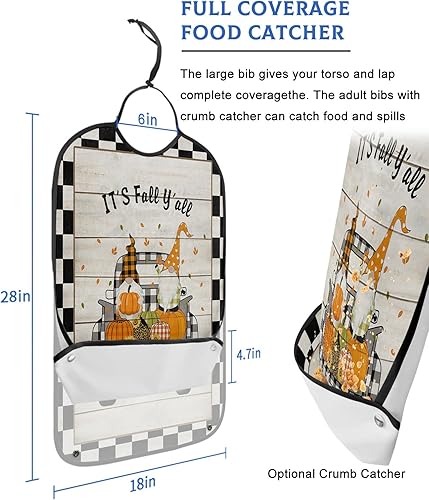 Miniatura 2 de Funny Adult Bibs for Eating, It's Fall Y'all Pumpkin Gnomes Truck on Rustic Plaid Wood Grain Waterproof Clothing Protector Washable Adult Bib with