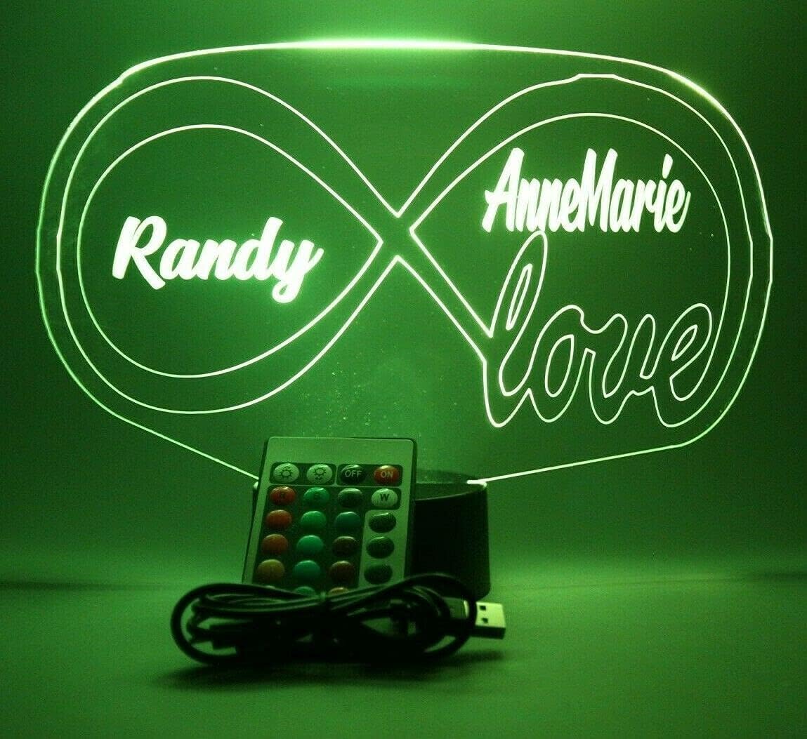 Infinity Symbol Eternity Empowerment Love Forever Night Light Up Lamp LED Free Engraved Custom Name Personalized Desk Table Lamp, With Remote, 16 Color Options, Dimmer, It's WOW, Great Gift
