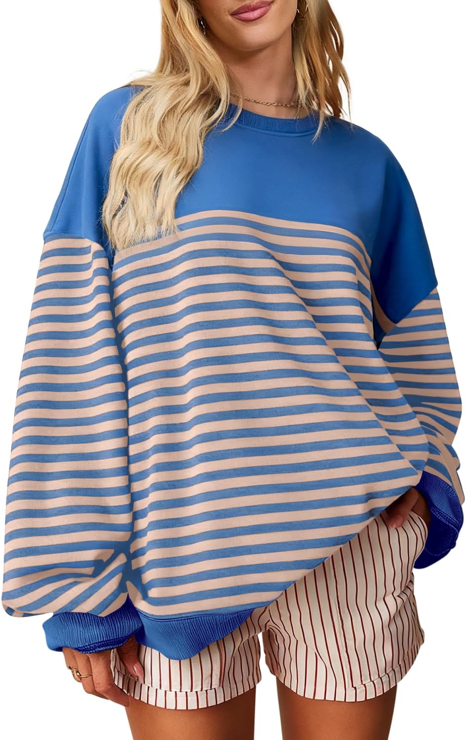 HEYTALALA Womens Oversized Striped Sweatshirts Y2K Long Sleeve Crewneck Sweater Color Block Drop Shoulder Loose Pullover Tops