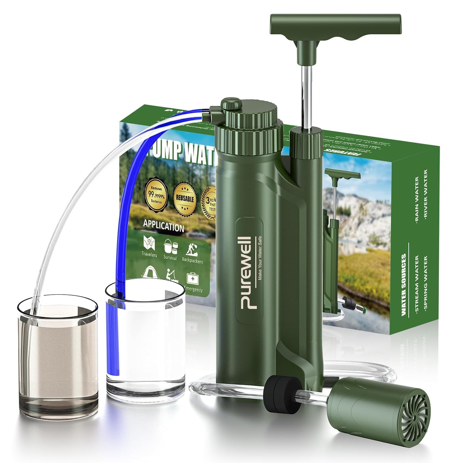 Purewell Water Hand Purifier Pump with Replaceable Carbon 0.01 Micron Water Filter, 4 Filter Stages, Portable Outdoor Emergency and Survival Gear - Camping, Hiking, Backpacking((Green-1，RO))