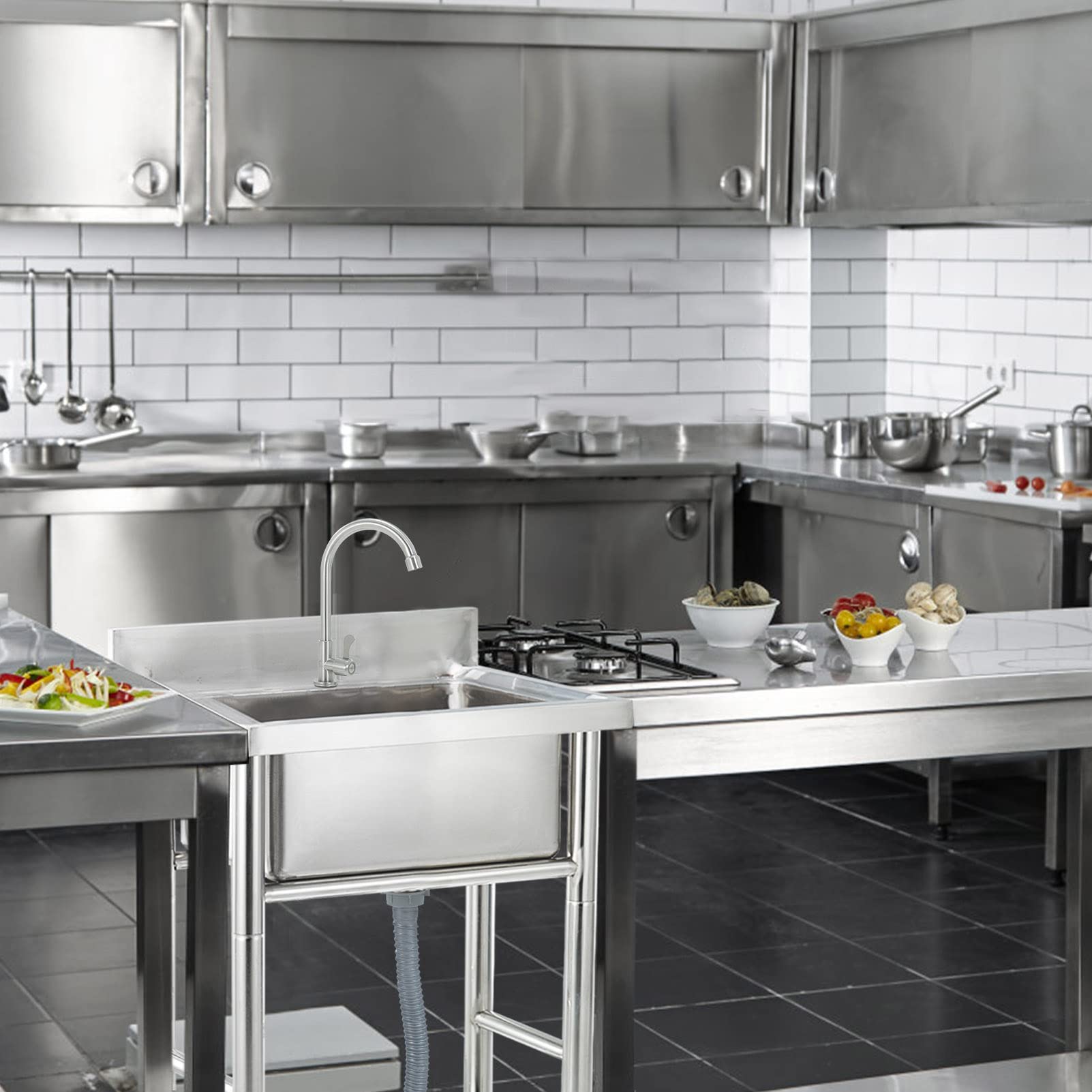 Lavello Singolo in Acciaio Inox 304, autoportante, di Grandi Dimensioni, per Uso Commerciale e Ristorante, con Rubinetto, lavabo Multiuso per Interni ed Esterni.