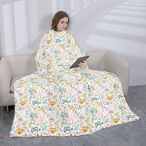 Miniatura 3 de jejeloiu Manta de forro polar con mangas y bolsillo de 50 x 70 pulgadas, manta de forro polar floral de búho de dibujos animados con mangas para