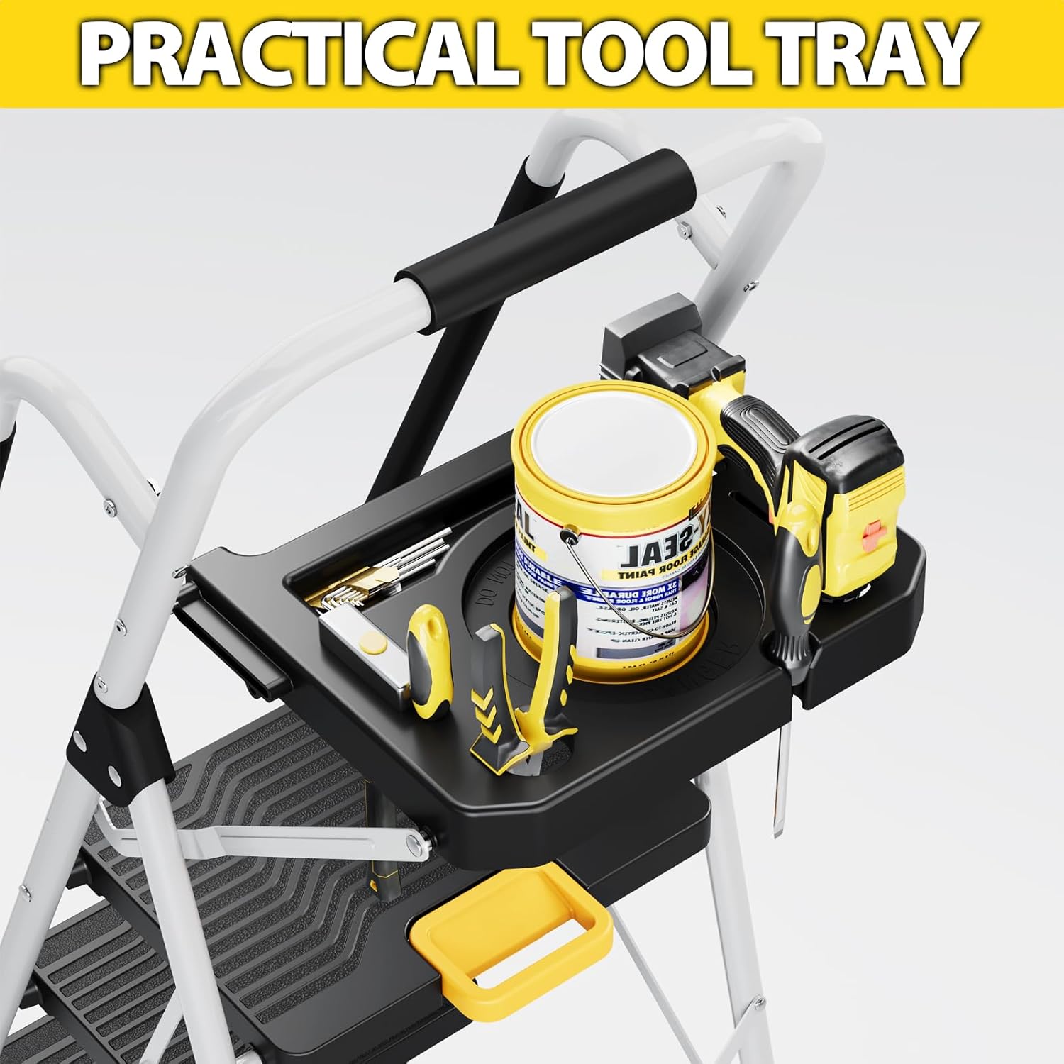 KINGRACK 5 Step Folding Ladder, 800lbs Capacity Step Stool with Safety Lock, Tool Tray, Non-Skid Wide Pedals, and Handrail, Household Ladder for Home, Garden, Painting, Outdoor, and Garage, White - Image 4