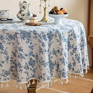 Nanko Oval Tablecloth 60 x 84 Inch, Linen Look Table Cloth Vintage Blue Floral