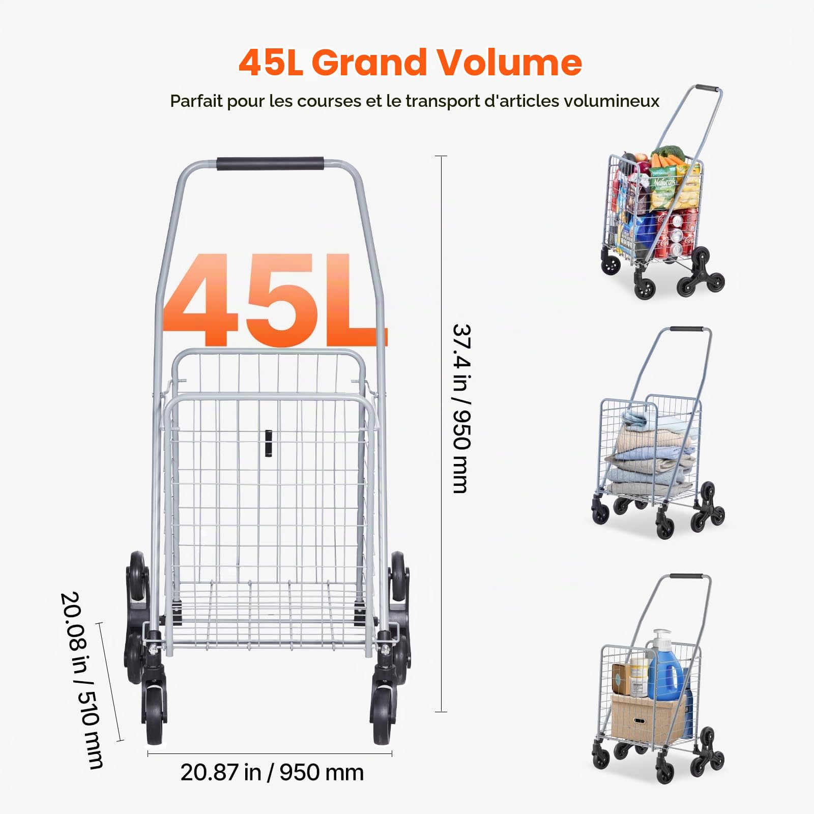 VEVOR Chariot de Courses Pliable, 45 L, Chariot Monte Escalier d'Épicerie avec Roues à Pivotantes 360°, Chariot Utilitaire Léger, pour Shopping, Bureau, Déménagement, Transport, Extérieur, Argent