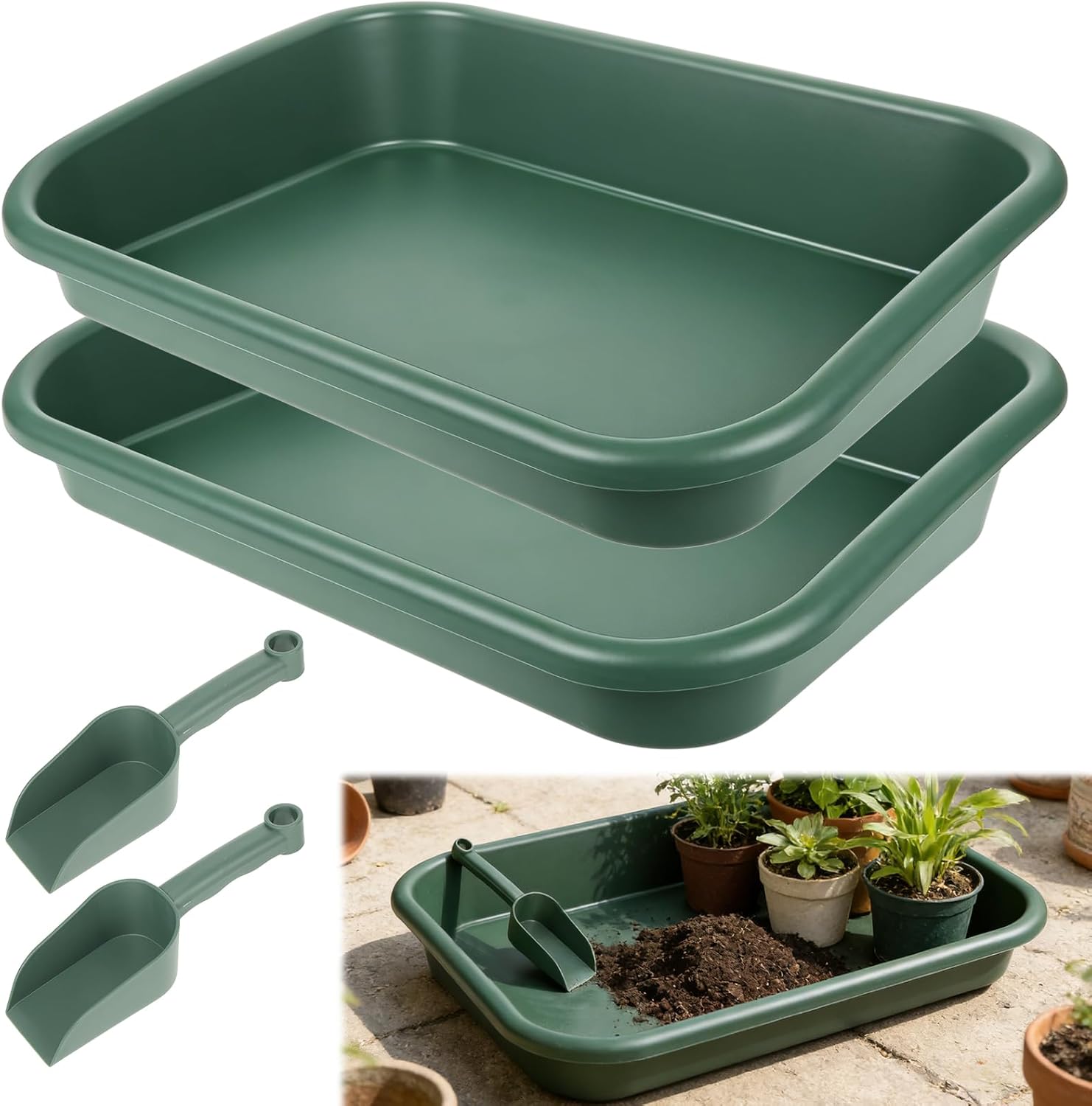 Rainmae 2 Set Garden Tidy Trays with Shovels, Large Potting Tray for Seeding, Mixing Soil and Repotting, One-Piece Gardening Tray for Succulents, Cactus and Indoor Plants, 23 x 13.6 x 4.5 Inch, Green