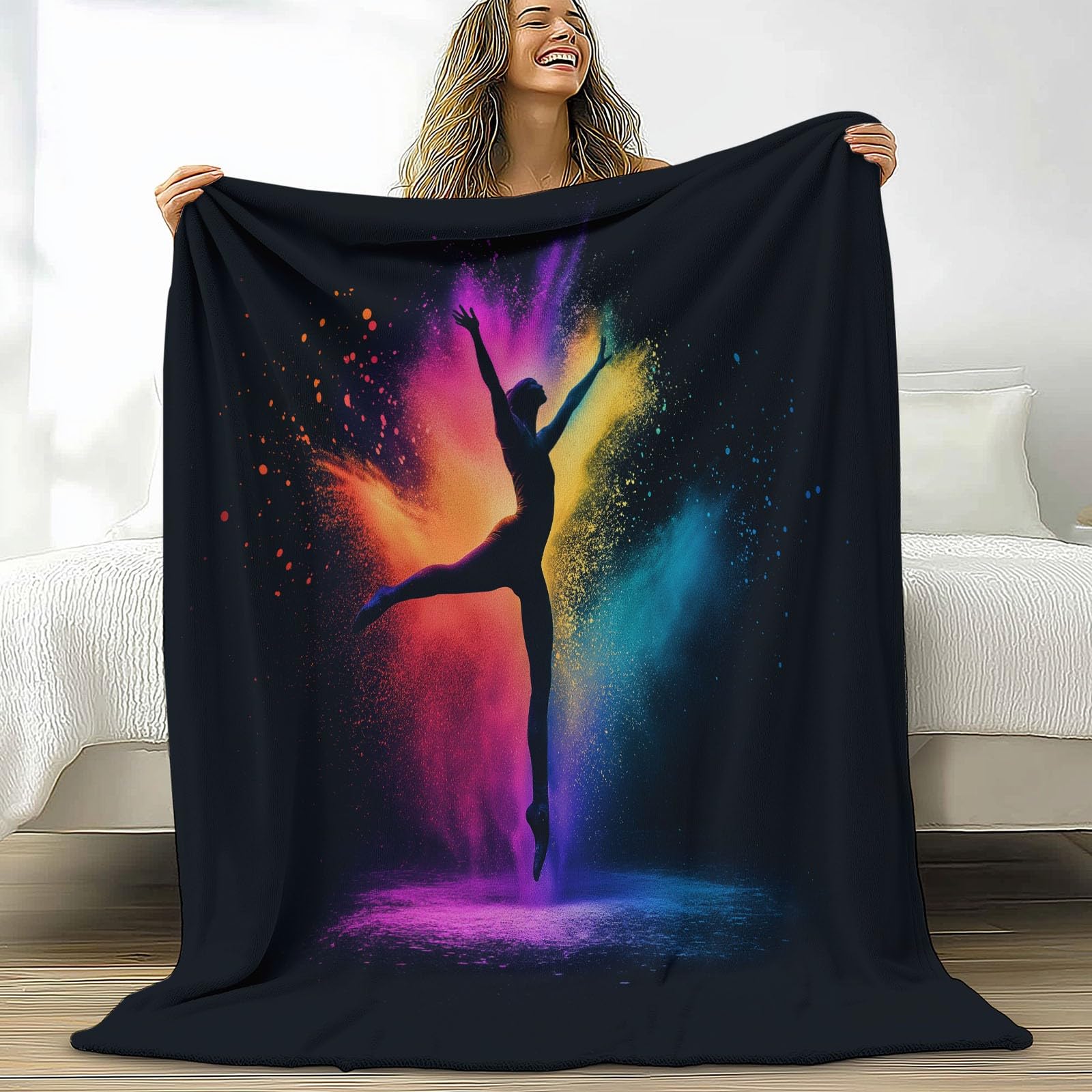 Koc polarowy z mikrofibry 220 x 240 cm, ilustracja 3D gimnastyczka 3D, miękka flanela, pluszowy koc, odpowiedni dla dorosłych i dzieci, kemping, czarny