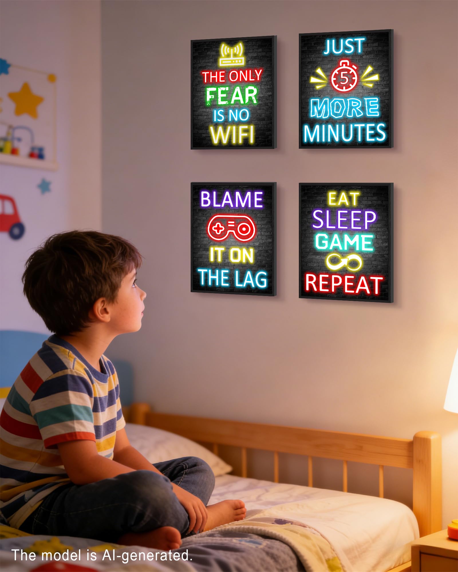 KUVIOKE Decorazione per la stanza dei videogiochi, per ragazzi e adolescenti, decorazione artistica da parete per videogiochi, insegna al neon pronta da appendere, set da 4, 20,3 x 25,4 cm (cornice