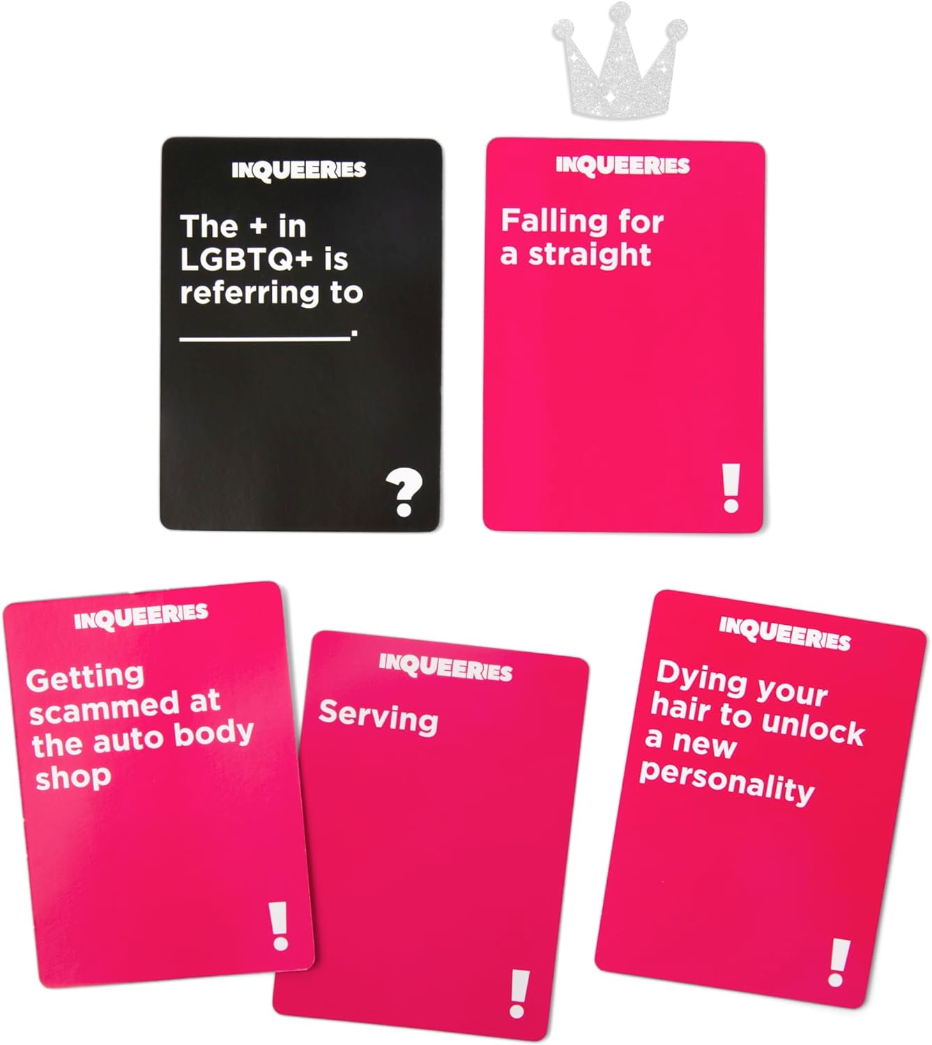 InQueeries by Relatable, Adult Games for Game Night, LGBTQ Games and Card Games for Pride Social Gatherings, Appropriate for Ages 17+, Includes 450 Cards, Holographic Crown, and Instructions