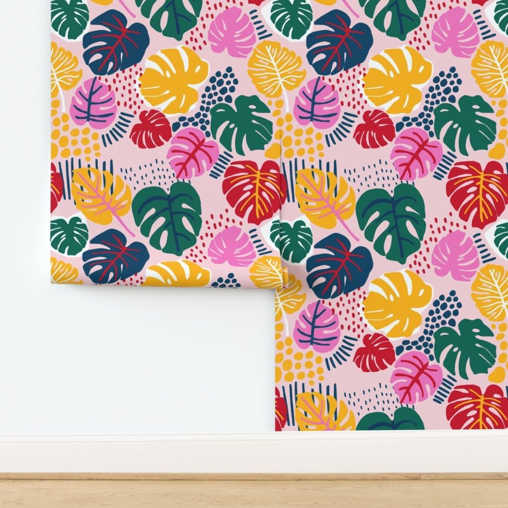 Removable Wallpaper 3ft x 2ft - Bohemian Paradise Monstera Pink Leaves Palm Colourful Bright Plants Tropical Boho Rainforest Custom Pre-Pasted Wallpaper by Spoonflower