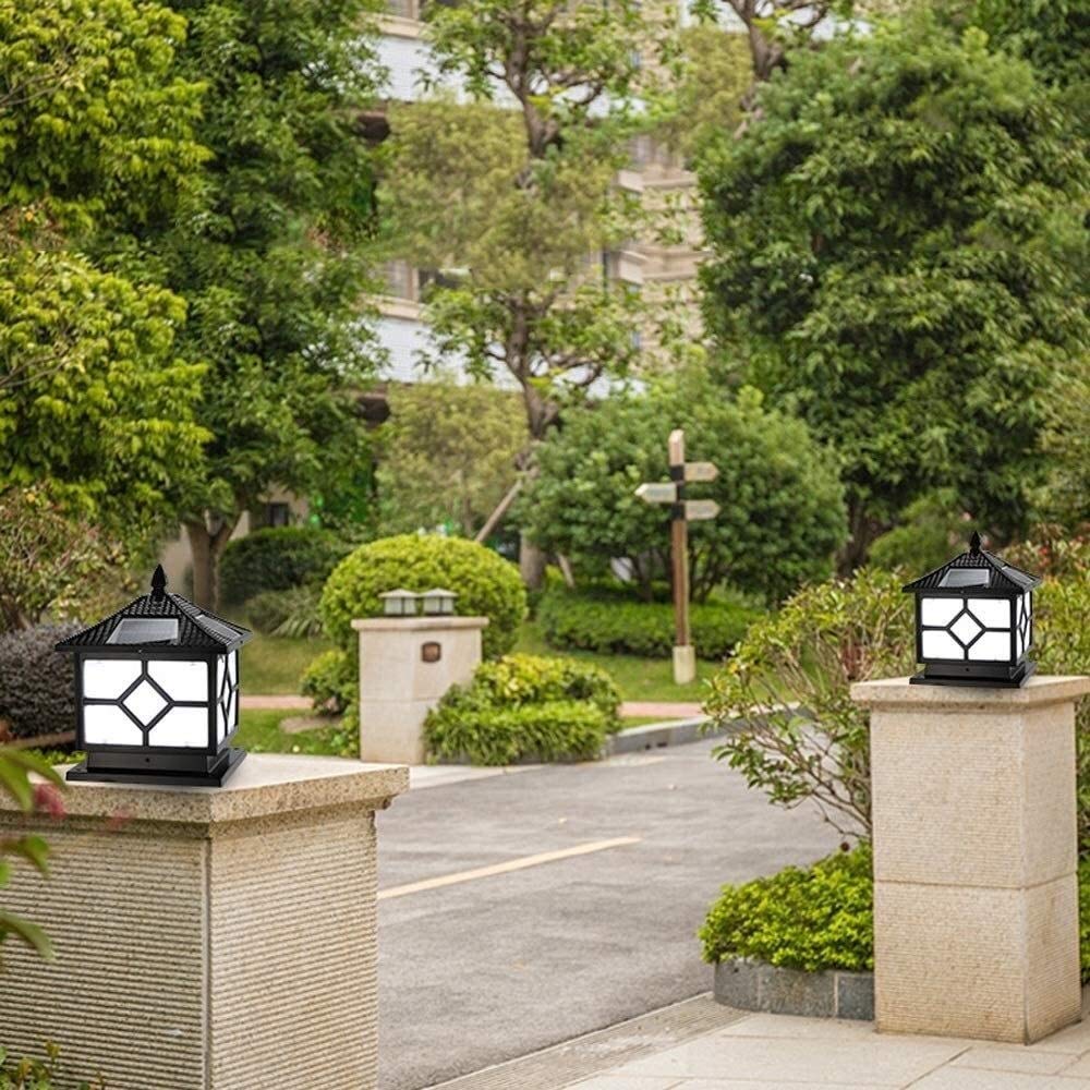 Lampa ogrodowa wodoodporna zewnętrzna lampa filarowa chińska kwadratowa solarna lampa słupkowa LED na zewnątrz oświetlenie krajobrazu w stylu japońskim wodoodporne czarne aluminiowe ogrodzenie