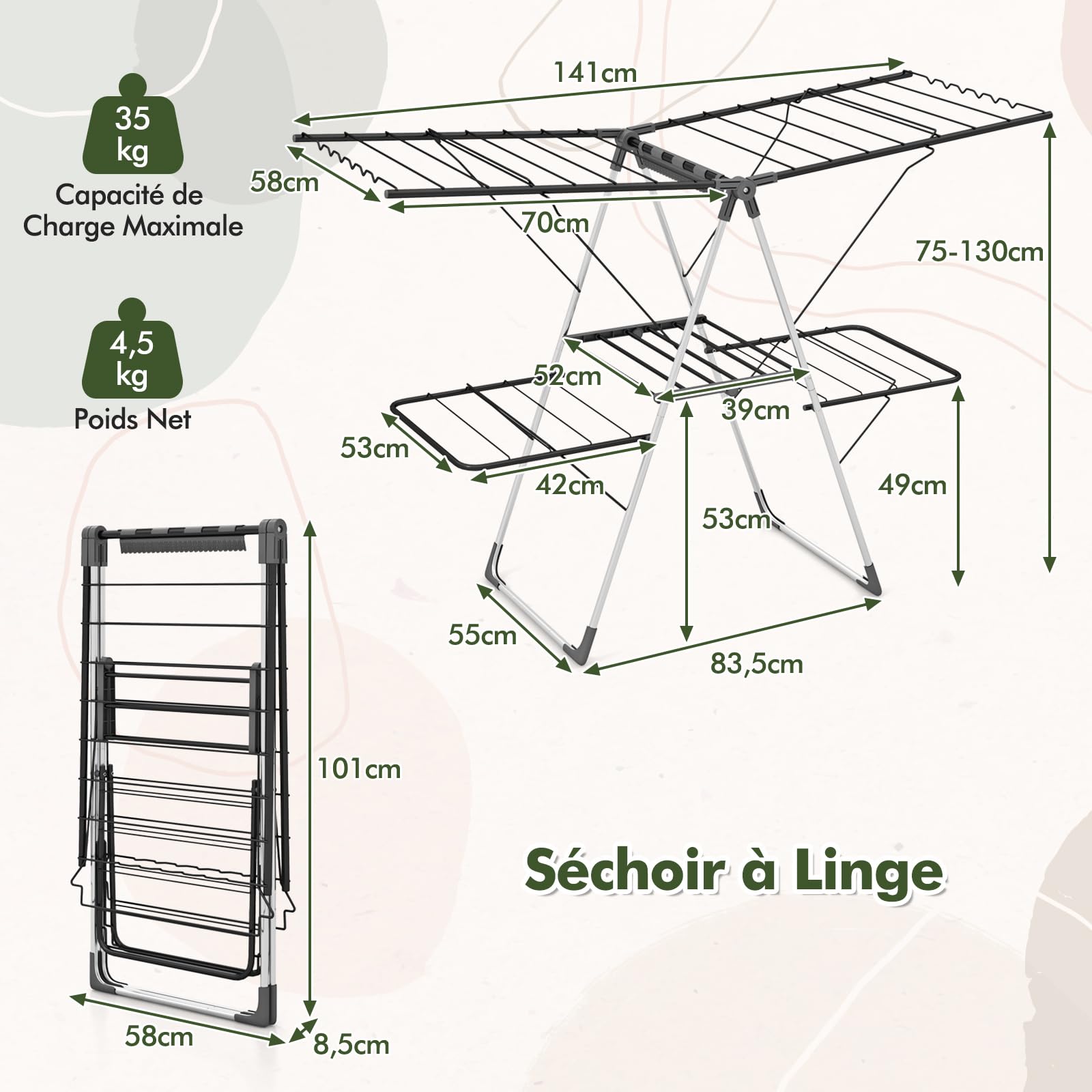 COSTWAY Etendoir Linge Pliable, Sechoir a Linge Pliable 33 Barres, Pieds en Acier Inoxydable, Hauteur Réglable 75-130 cm, Pinces à Chaussettes, Tancarville Seche Linge Intérieur Extérieur