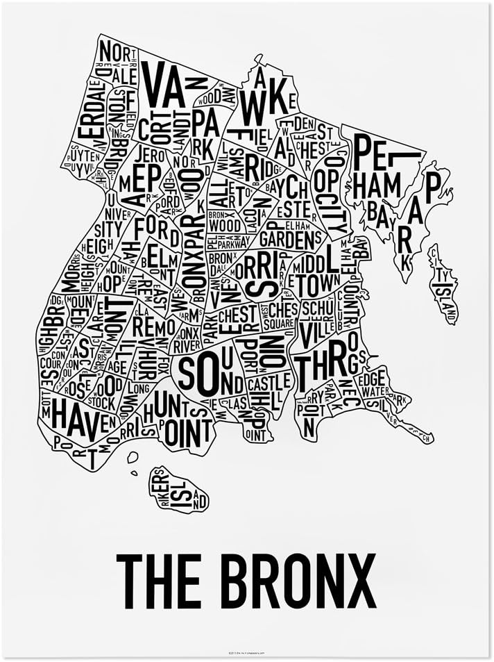 Bronx Neighborhoods Map Art Poster, Black & White, 18" x 24"
