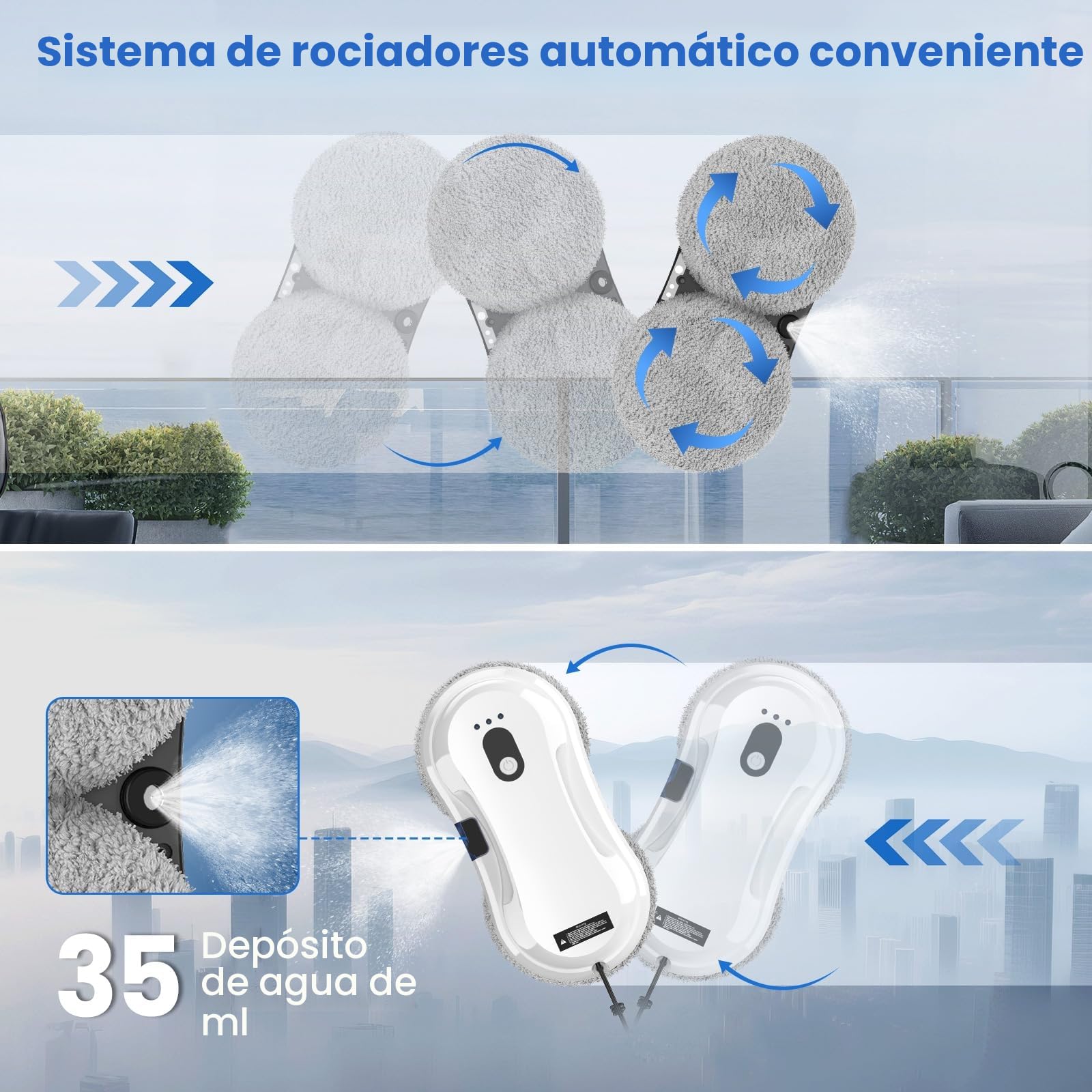 Robot Limpiacristales, 5600Pa Robot Limpiador de Ventanas con Pulverización Automática, 3 Modos de Limpieza, Sistema de Seguridad, Detección Inteligente de Bordes, Control Remoto e 10 Trapo