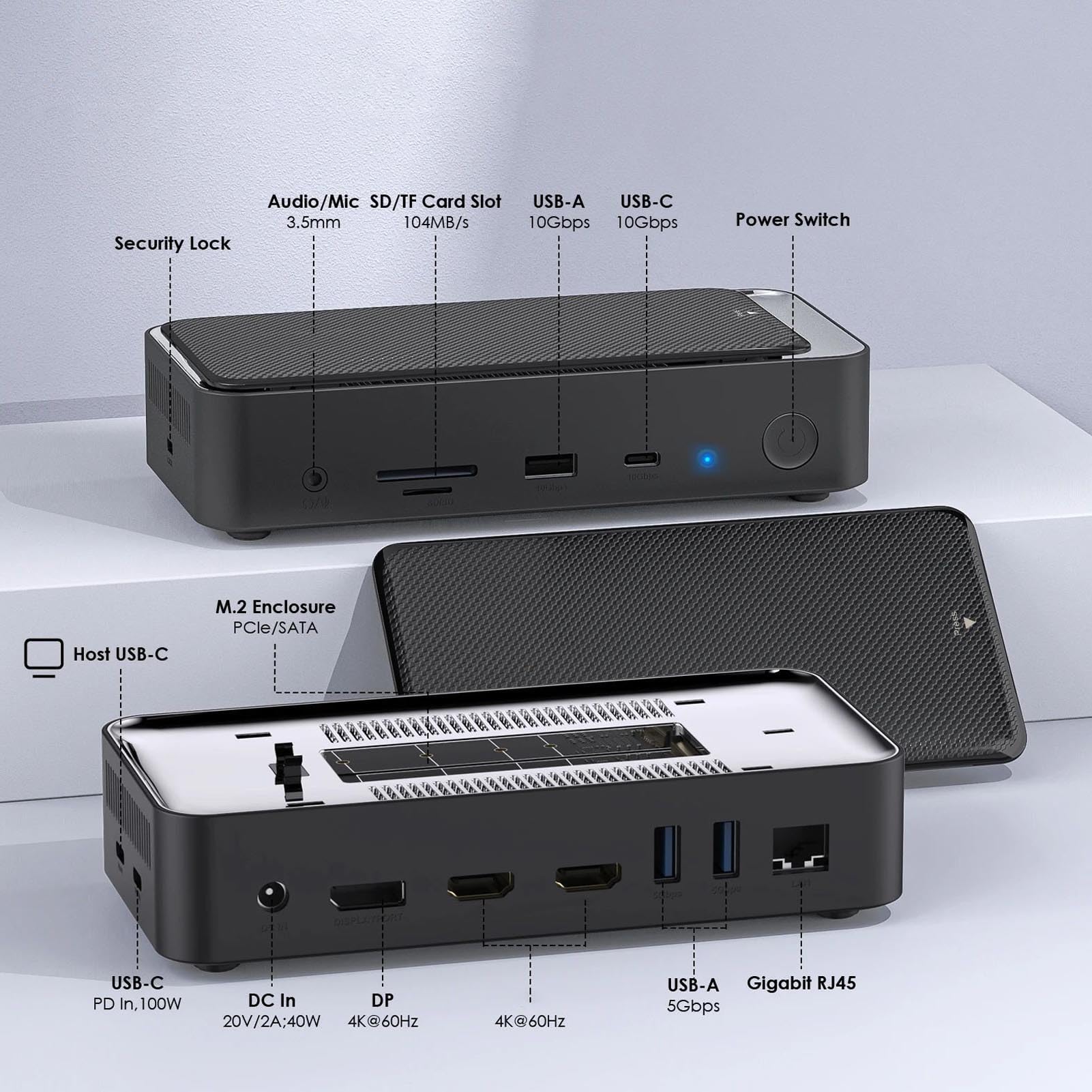 Denash 13 w 1 Hub USB C z M.2 PCIE SSD Obudowa, 10 Gbps USB C Station dla Gigabit Ethernet, USB A i Type C (wtyczka UE)