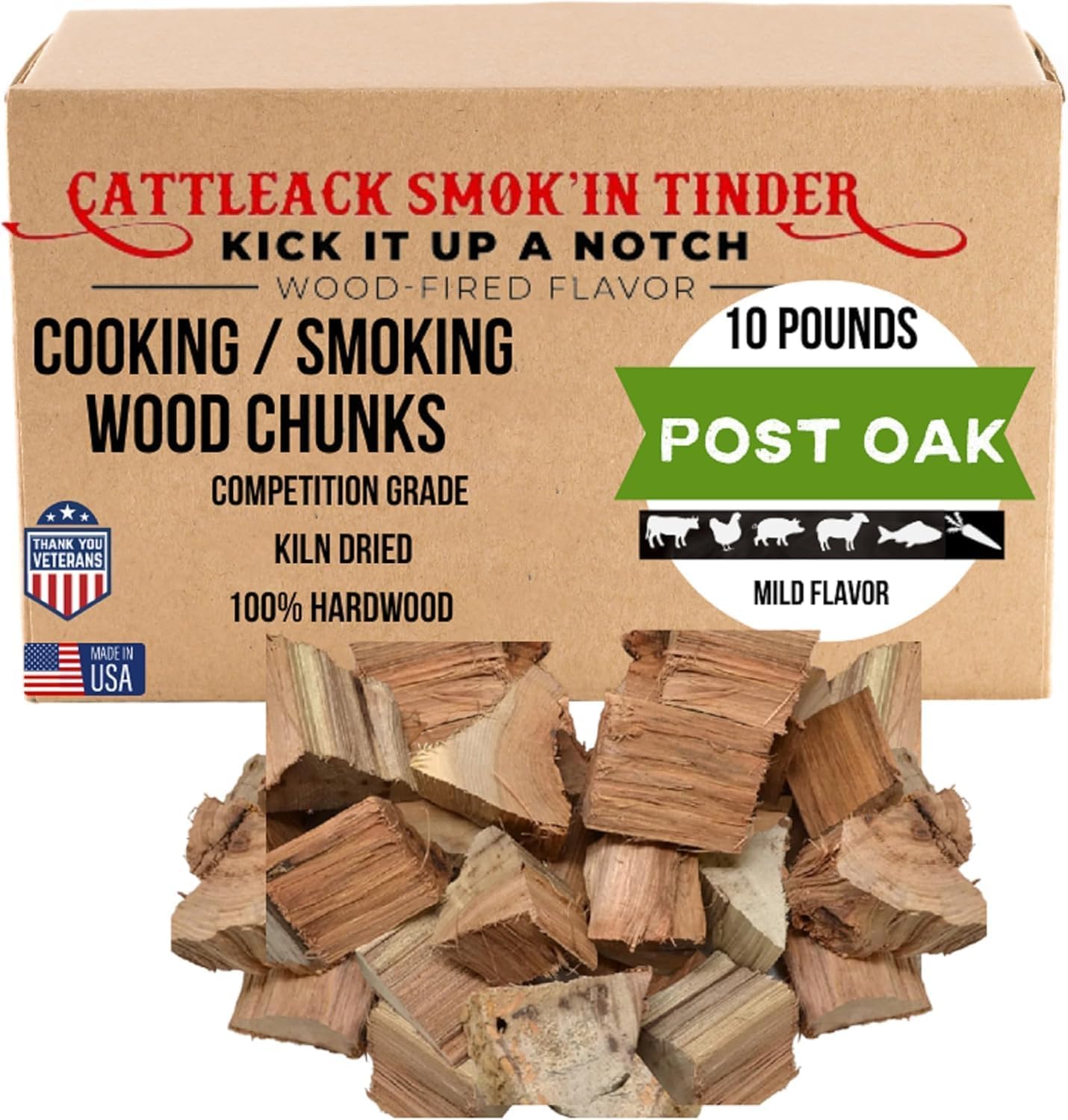 Cattleack Smok'in Tinder Post Oak Wood Chunks for Smoking Meat, 10 lb Box Kiln-Dried BBQ Smoking Wood Chunks for Smoker & Grill, Natural Hardwood for Brisket, Beef, Pork, BBQ, Made in USA (Post Oak)